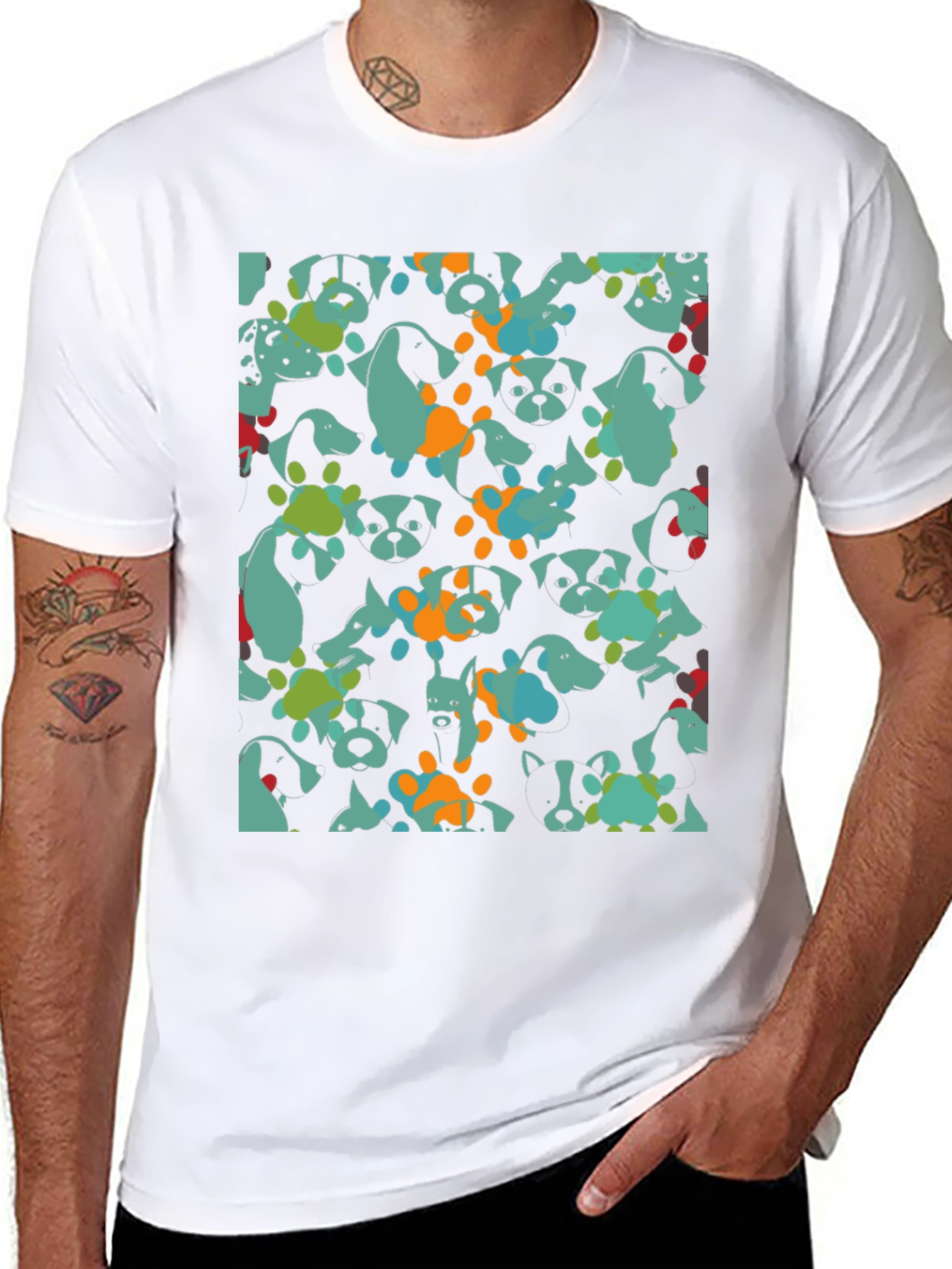 Dog Pattern Black Cotton T-Shirt