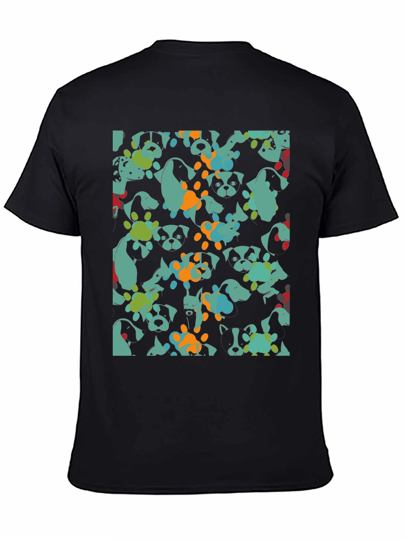 Dog Pattern Black Cotton T-Shirt