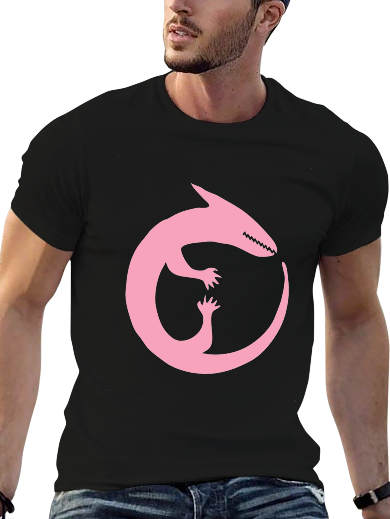 Pink Dinosaur Ouroboros Black T-Shirt
