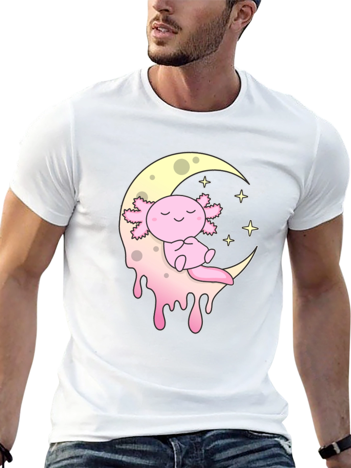 Axolotl Moon T-Shirt - Kawaii Pink Salamander Tee