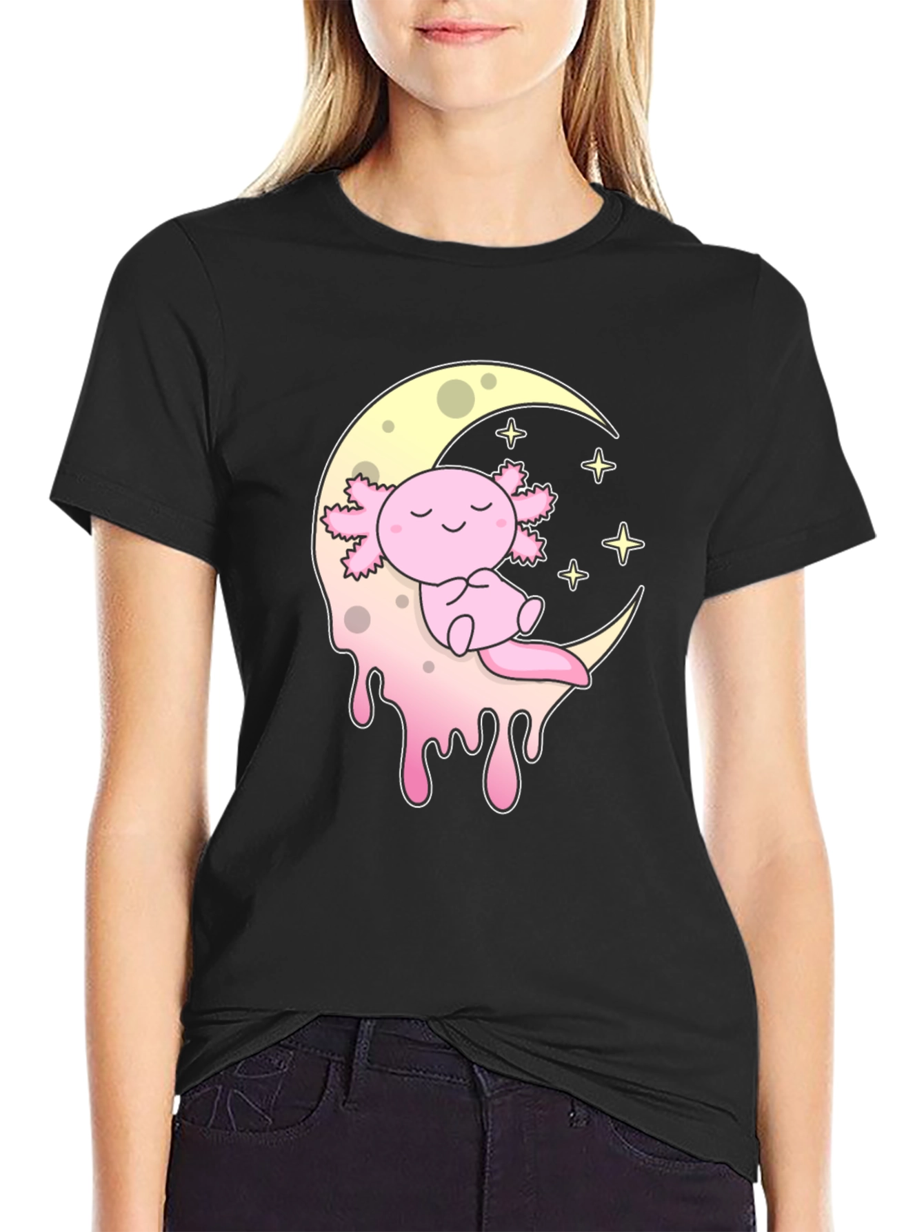 Axolotl Moon T-Shirt - Kawaii Pink Salamander Tee