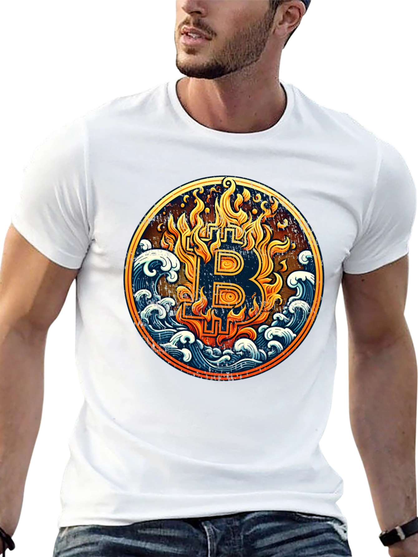 Bitcoin Fire & Waves Graphic Tee