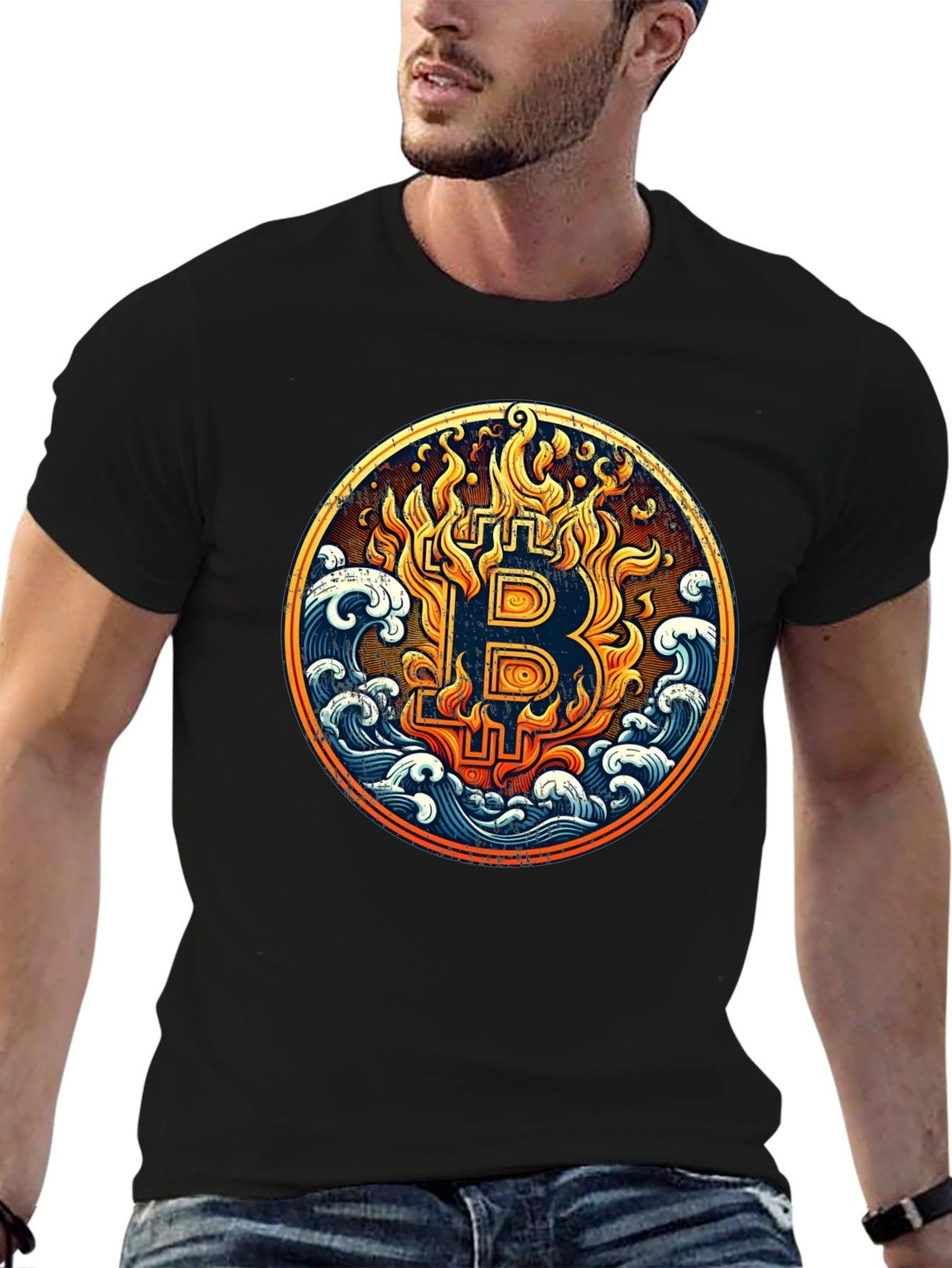 Bitcoin Fire & Waves Graphic Tee