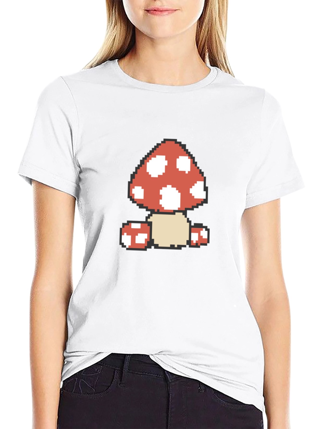 Pixel Mushroom Graphic Tee - Black Cotton Casual Shirt