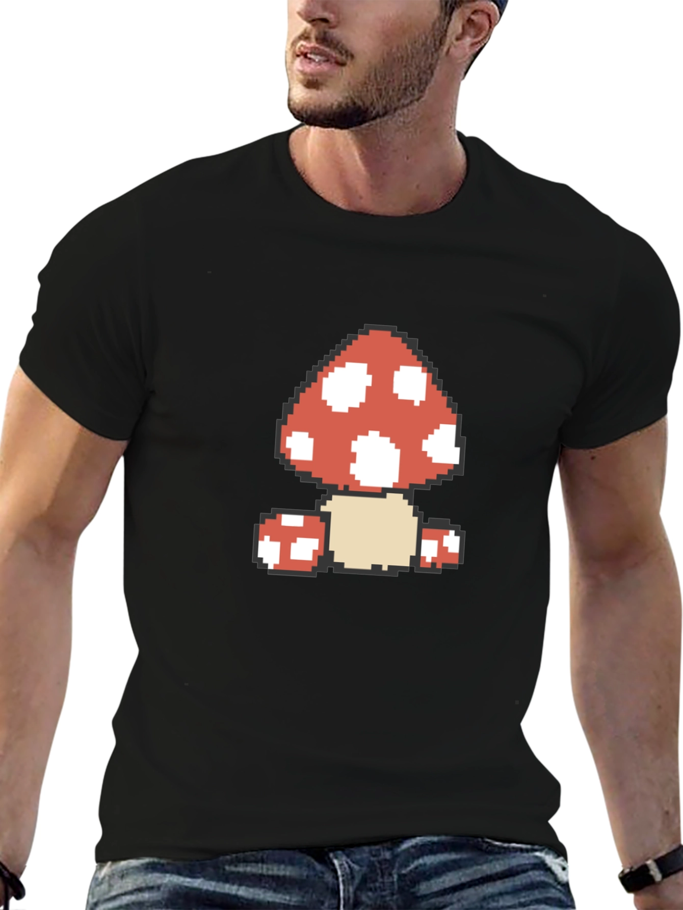 Pixel Mushroom Graphic Tee - Black Cotton Casual Shirt