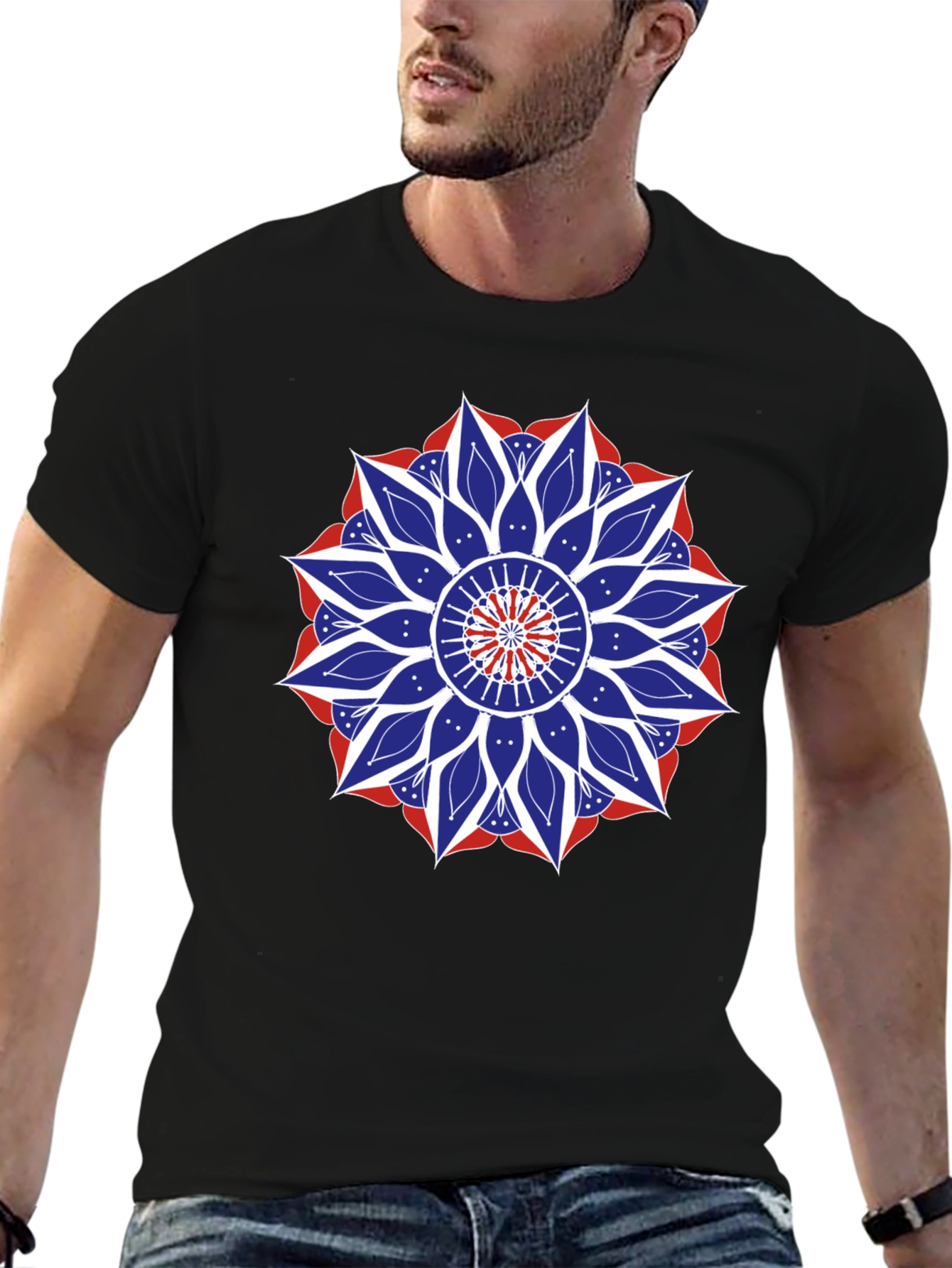 Mens Black T-Shirt with Red White and Blue Mandala