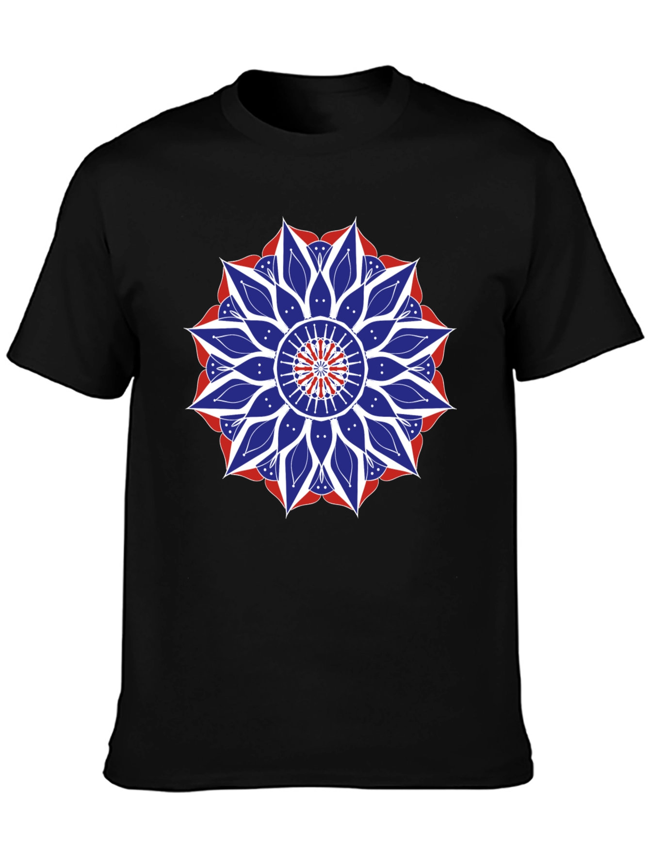 Mens Black T-Shirt with Red White and Blue Mandala