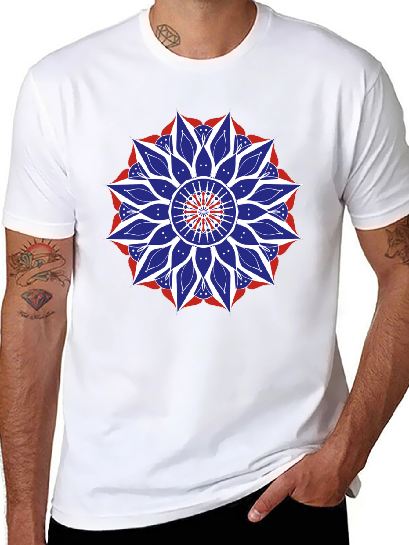 Mens Black T-Shirt with Red White and Blue Mandala