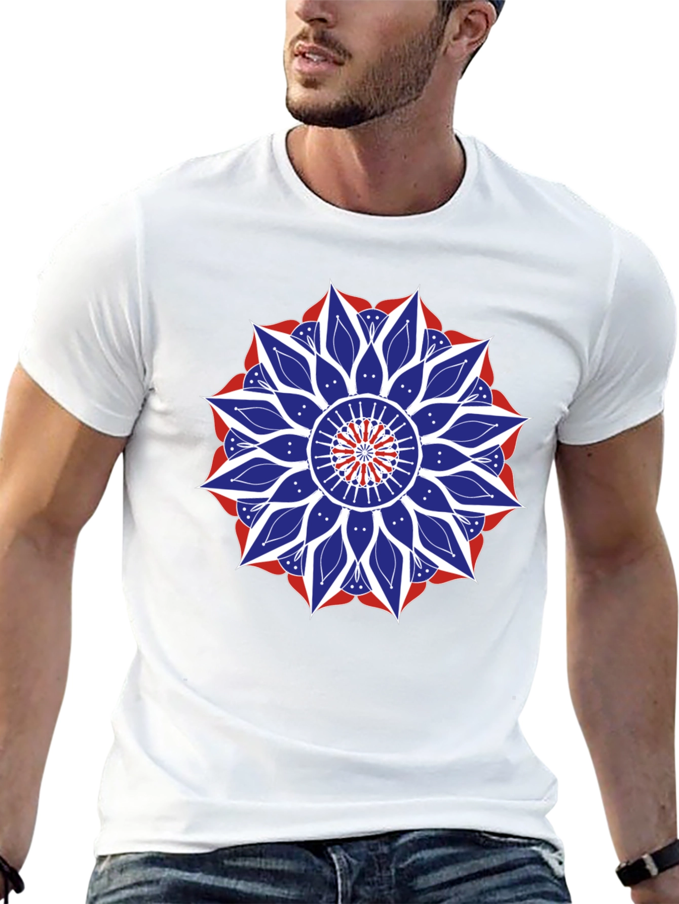 Mens Black T-Shirt with Red White and Blue Mandala