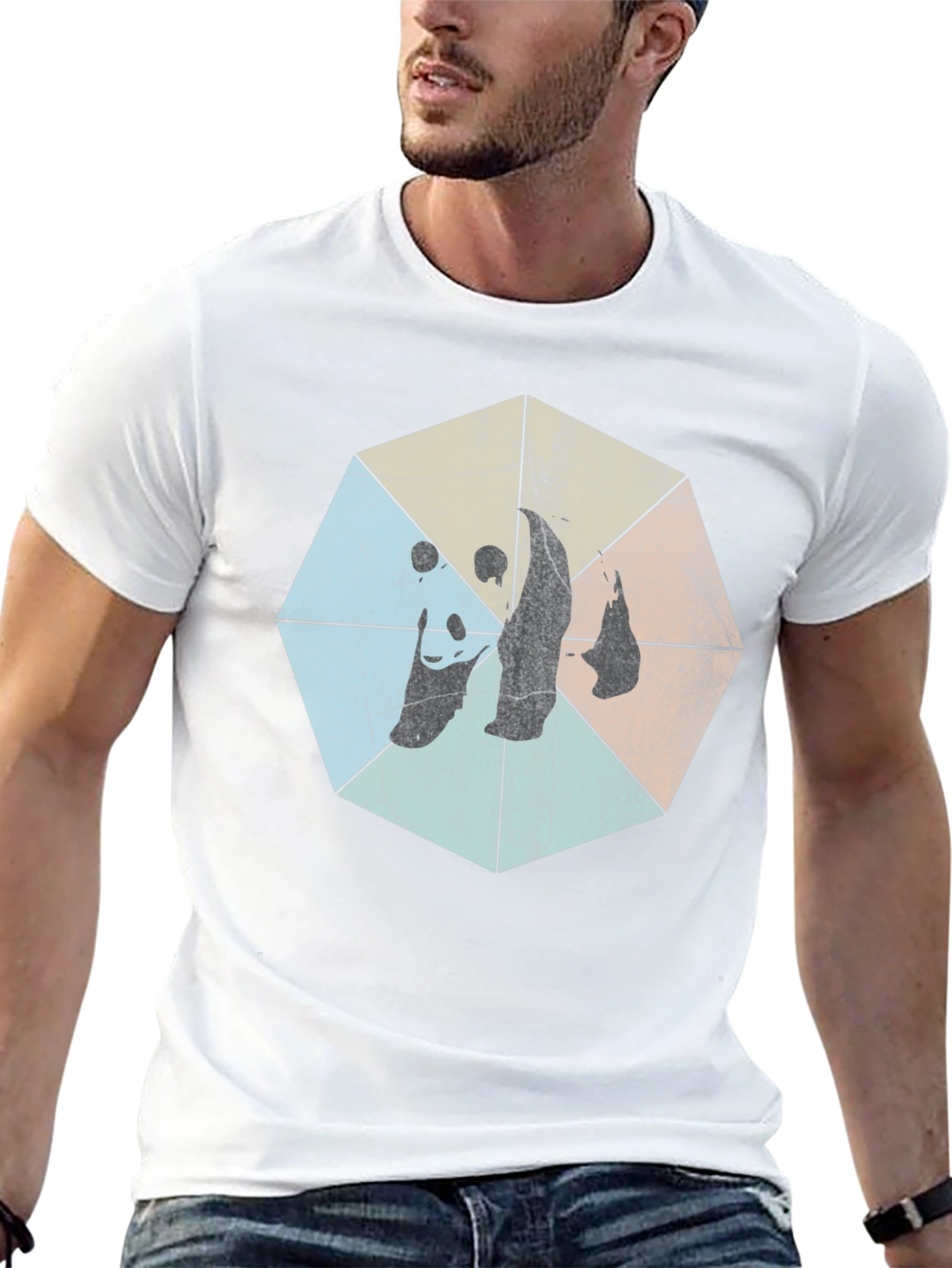 Retro Geometric Panda Graphic T-Shirt - Black