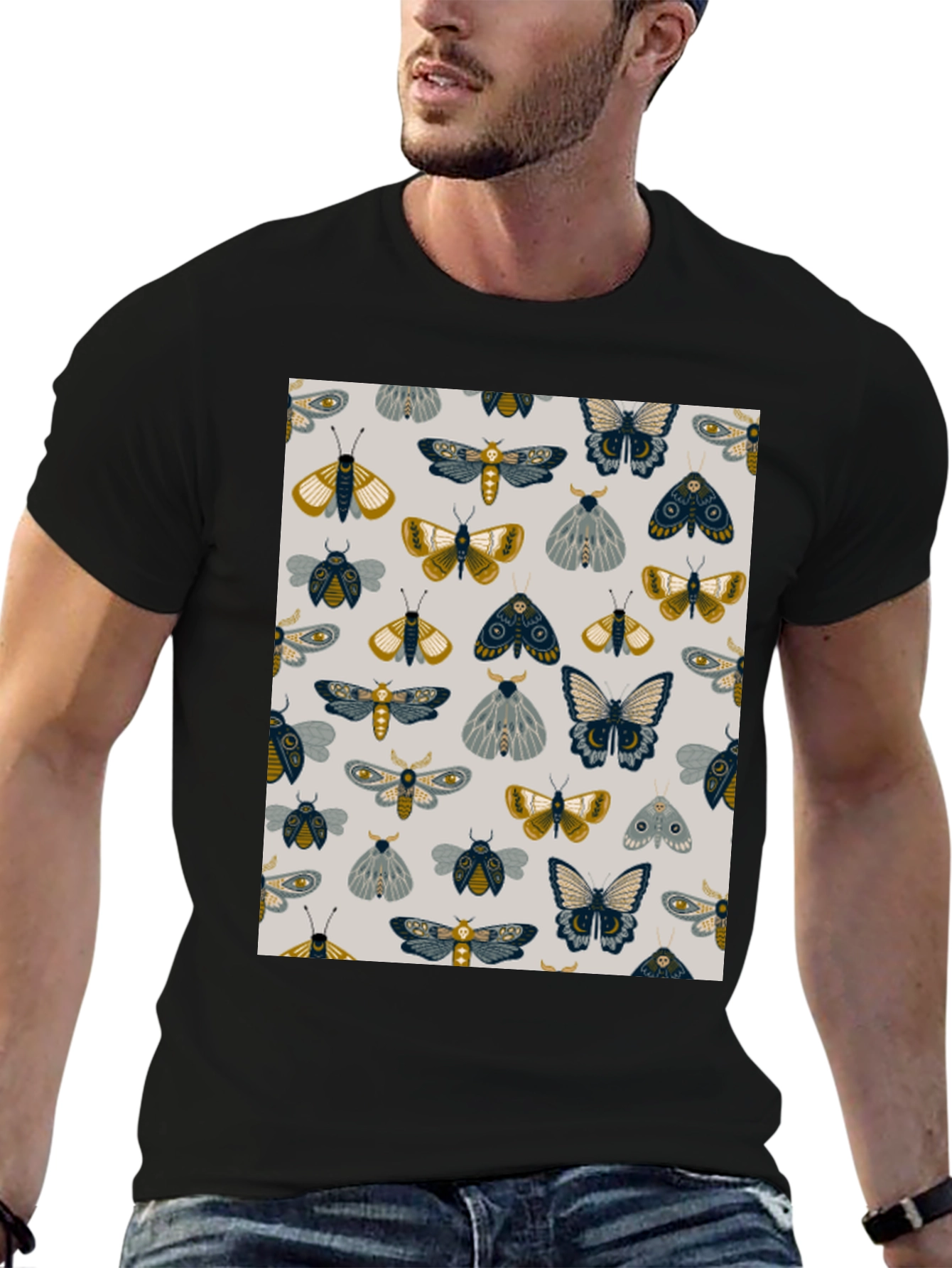 Moth & Butterfly Print Black Tee