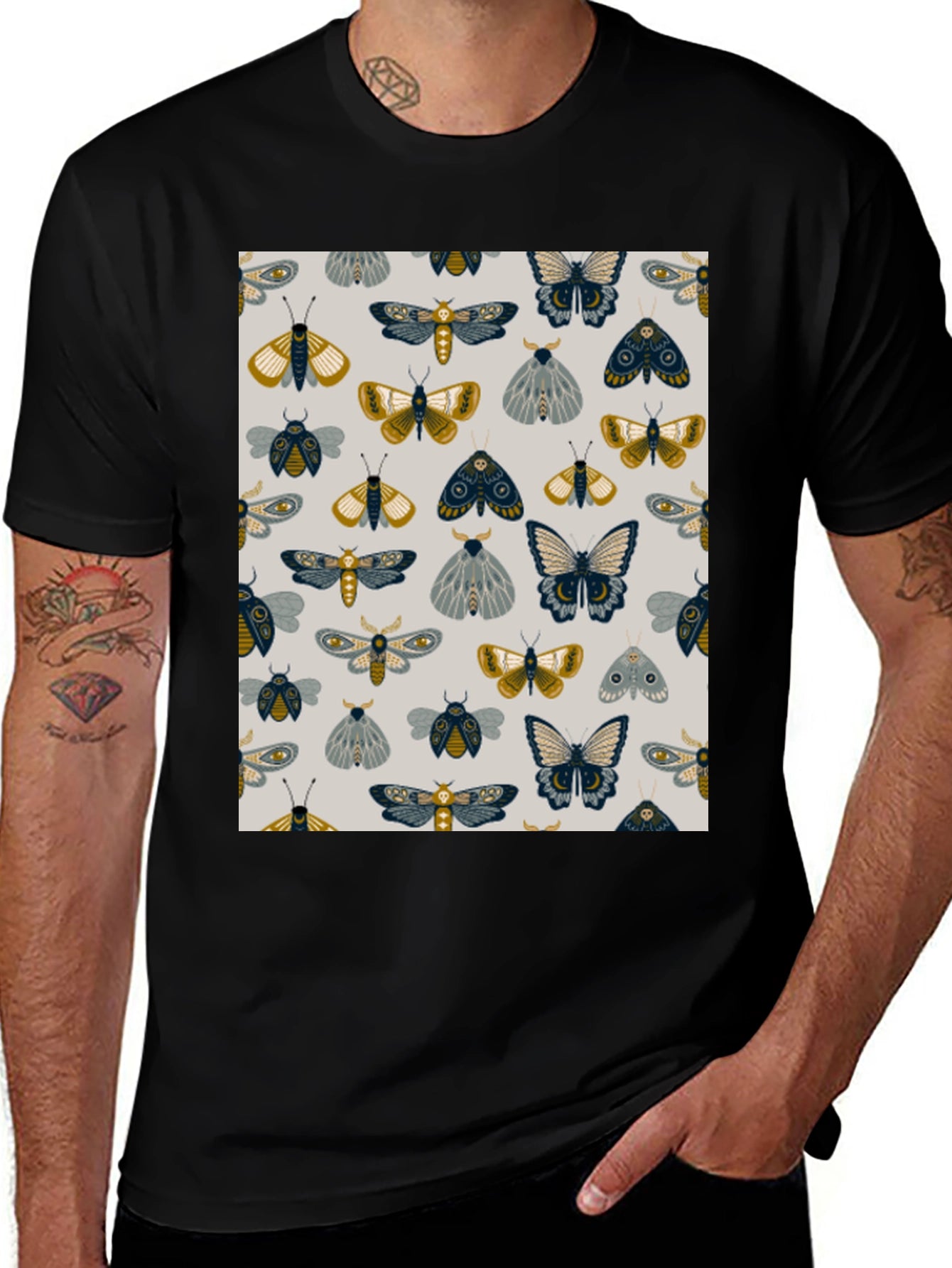 Moth & Butterfly Print Black Tee