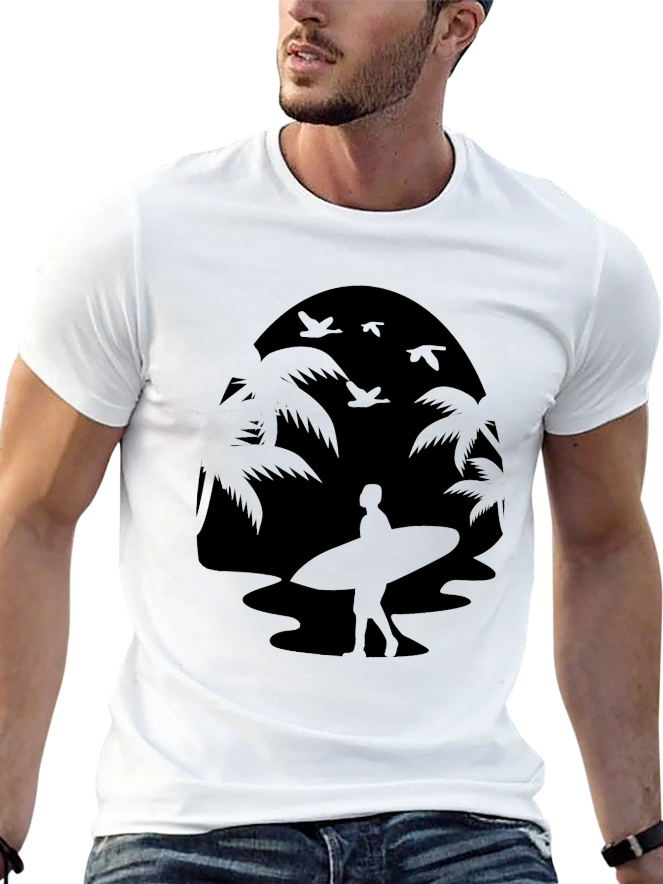 Silhouette Surfer Tee - Palm Tree Beach Design