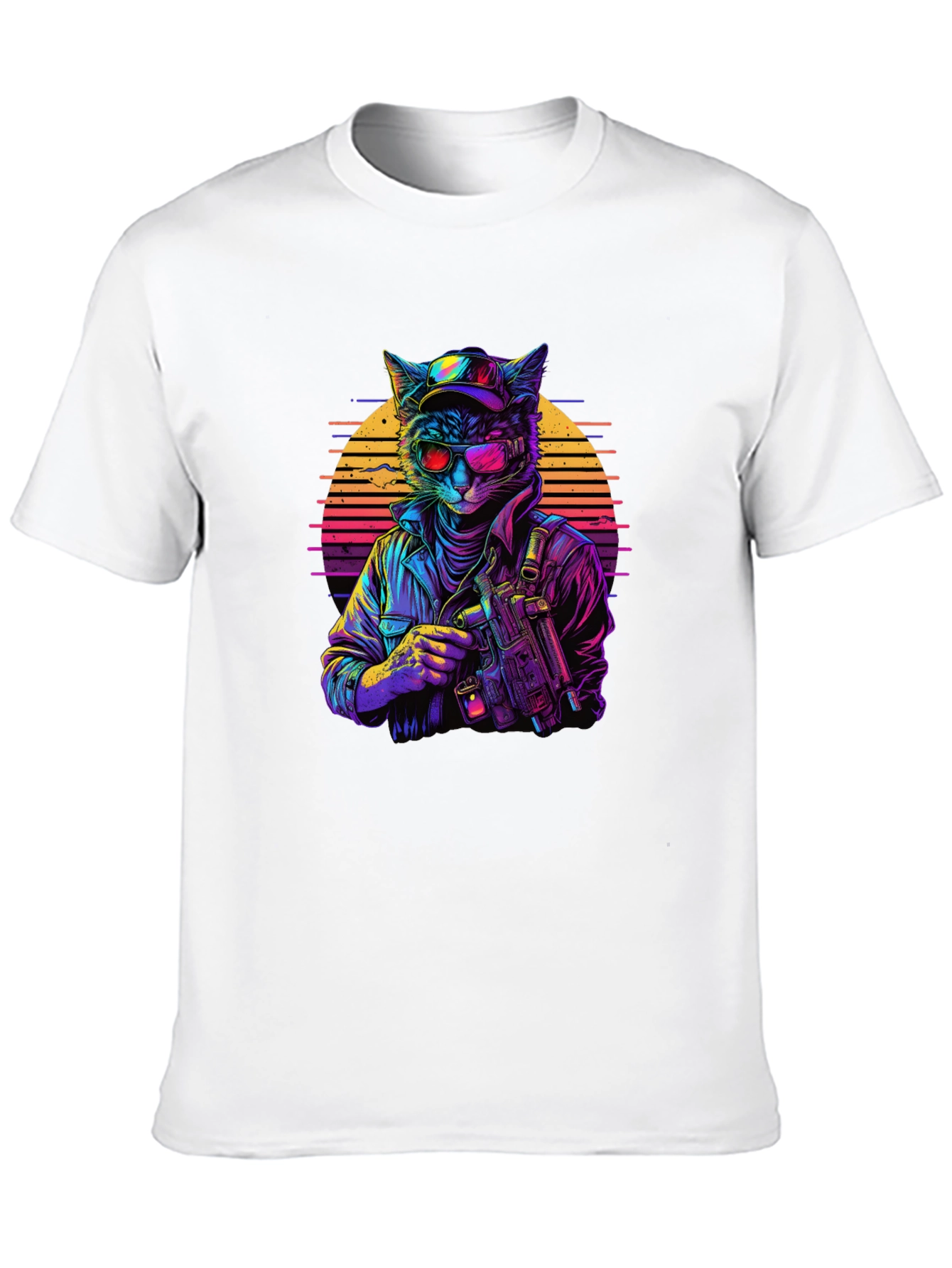 Retro Cat Gunner Black T-Shirt