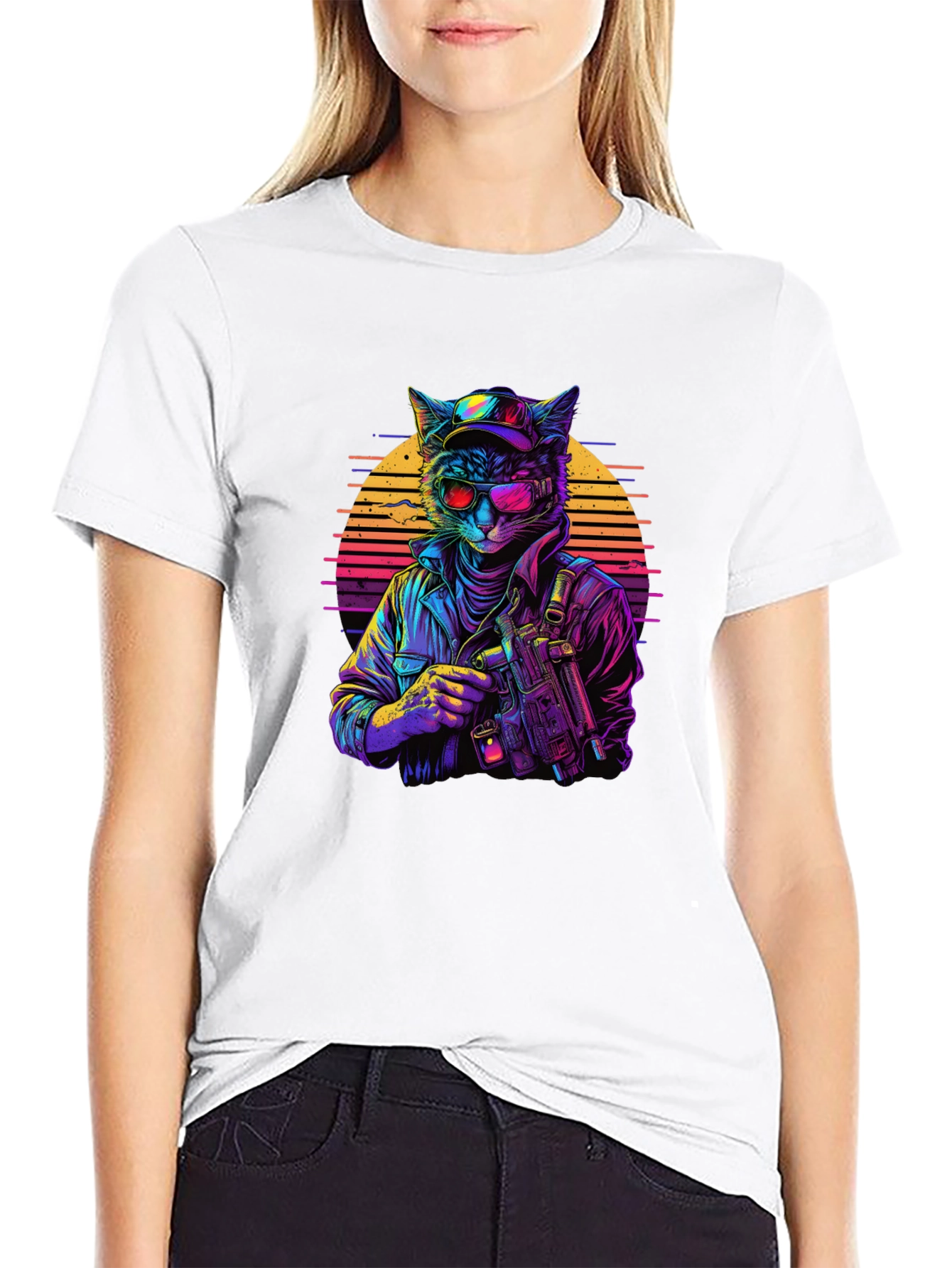 Retro Cat Gunner Black T-Shirt