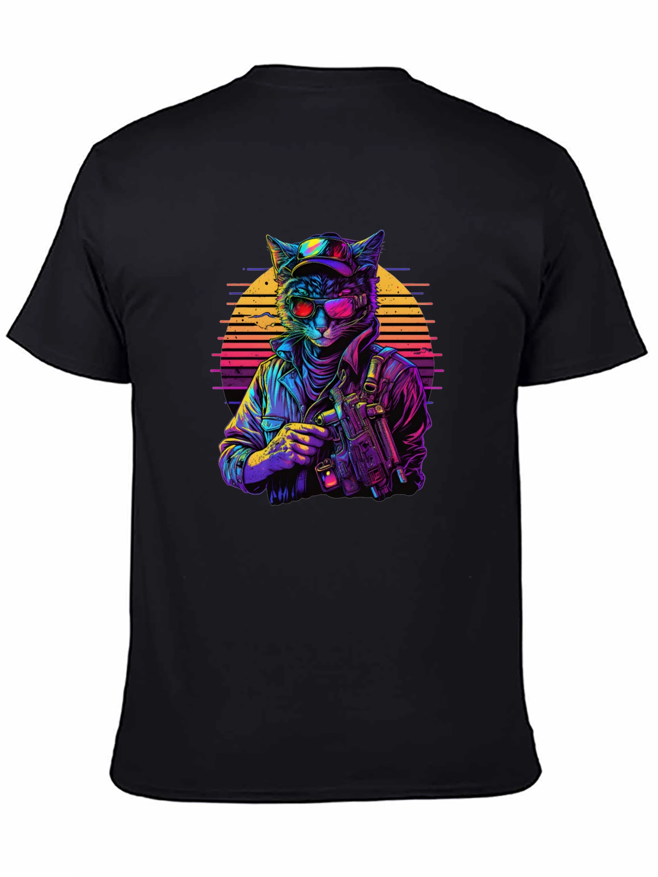 Retro Cat Gunner Black T-Shirt
