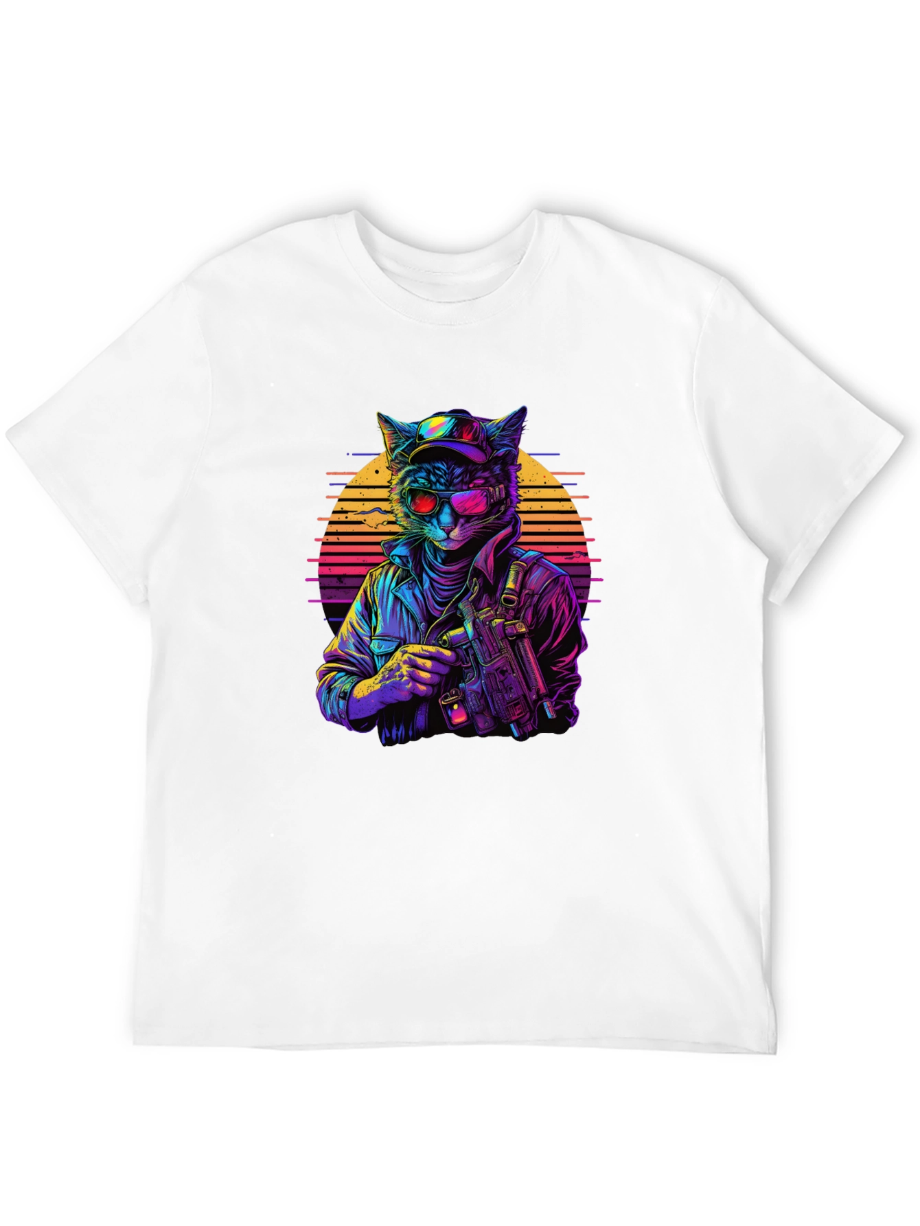 Retro Cat Gunner Black T-Shirt