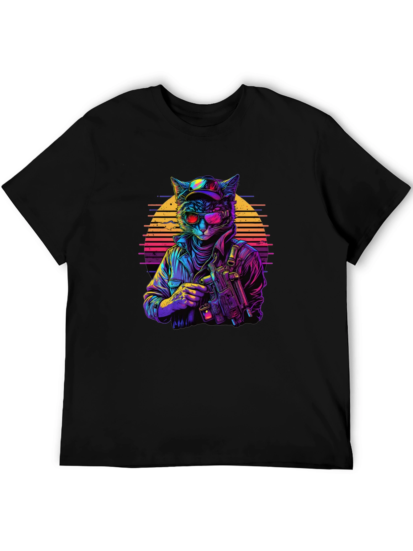 Retro Cat Gunner Black T-Shirt