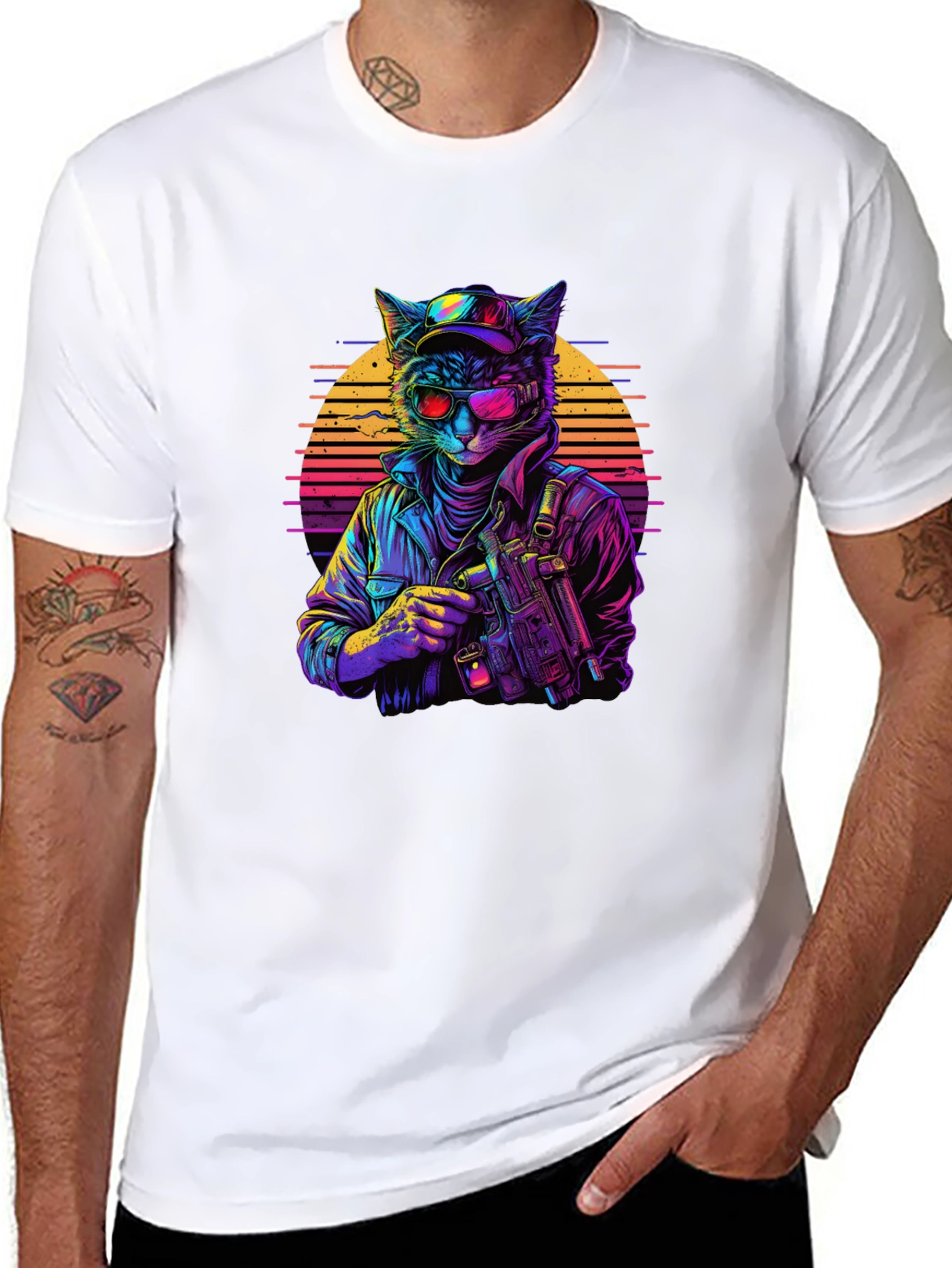 Retro Cat Gunner Black T-Shirt