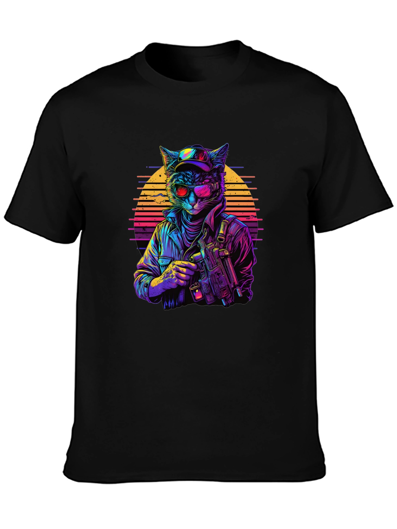 Retro Cat Gunner Black T-Shirt