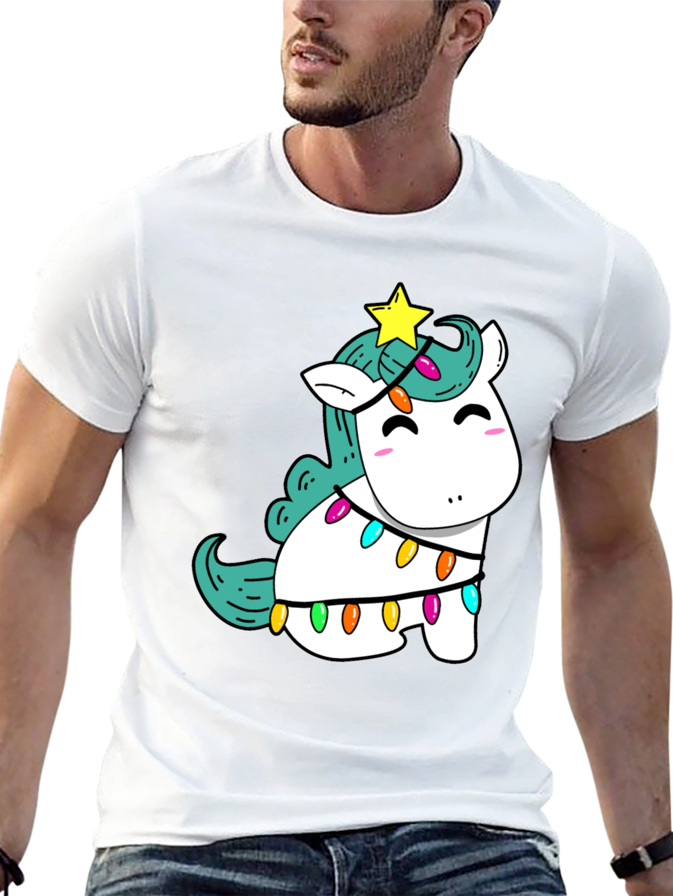 Unicorn Christmas Lights Black T-Shirt