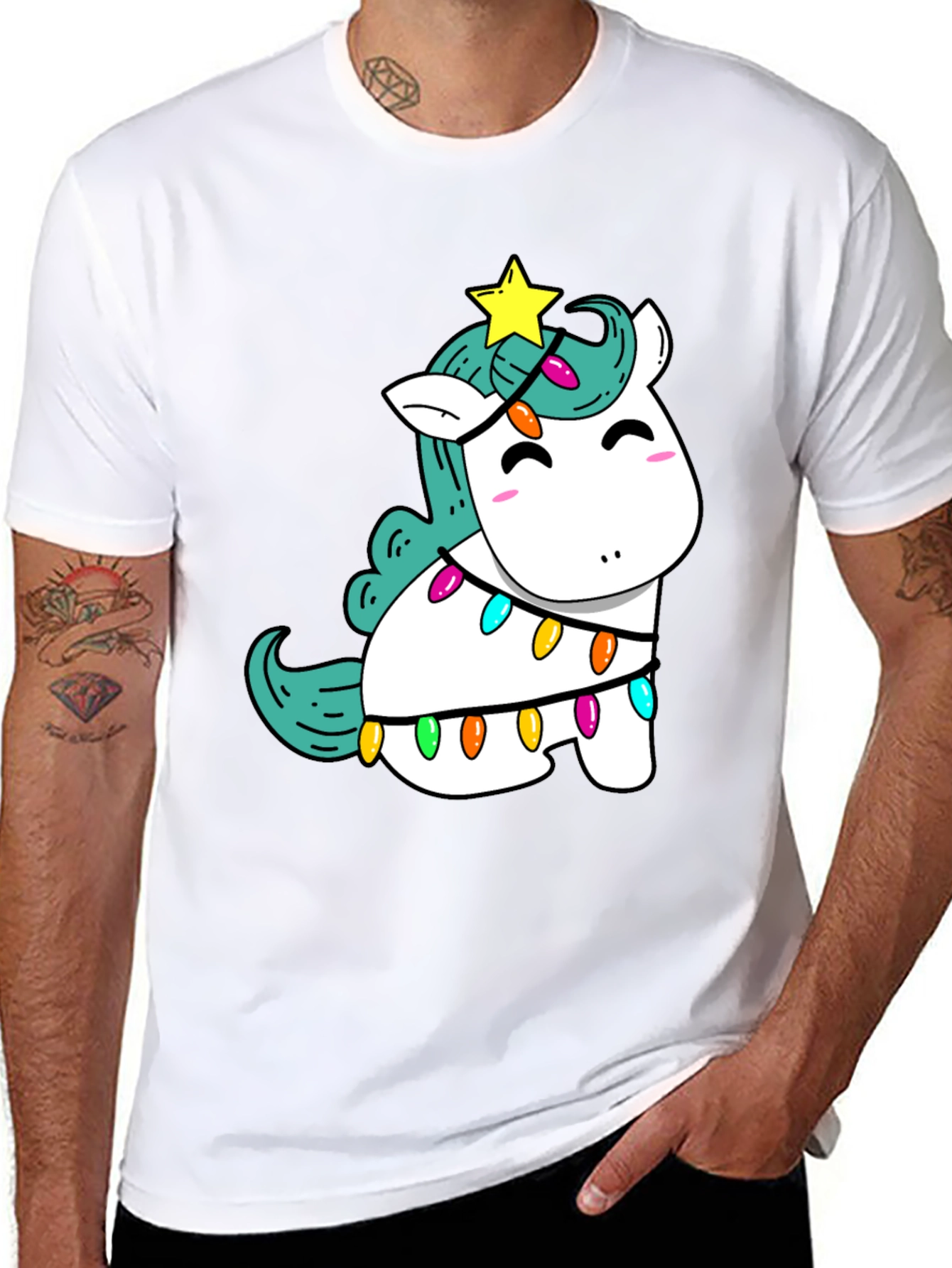 Unicorn Christmas Lights Black T-Shirt