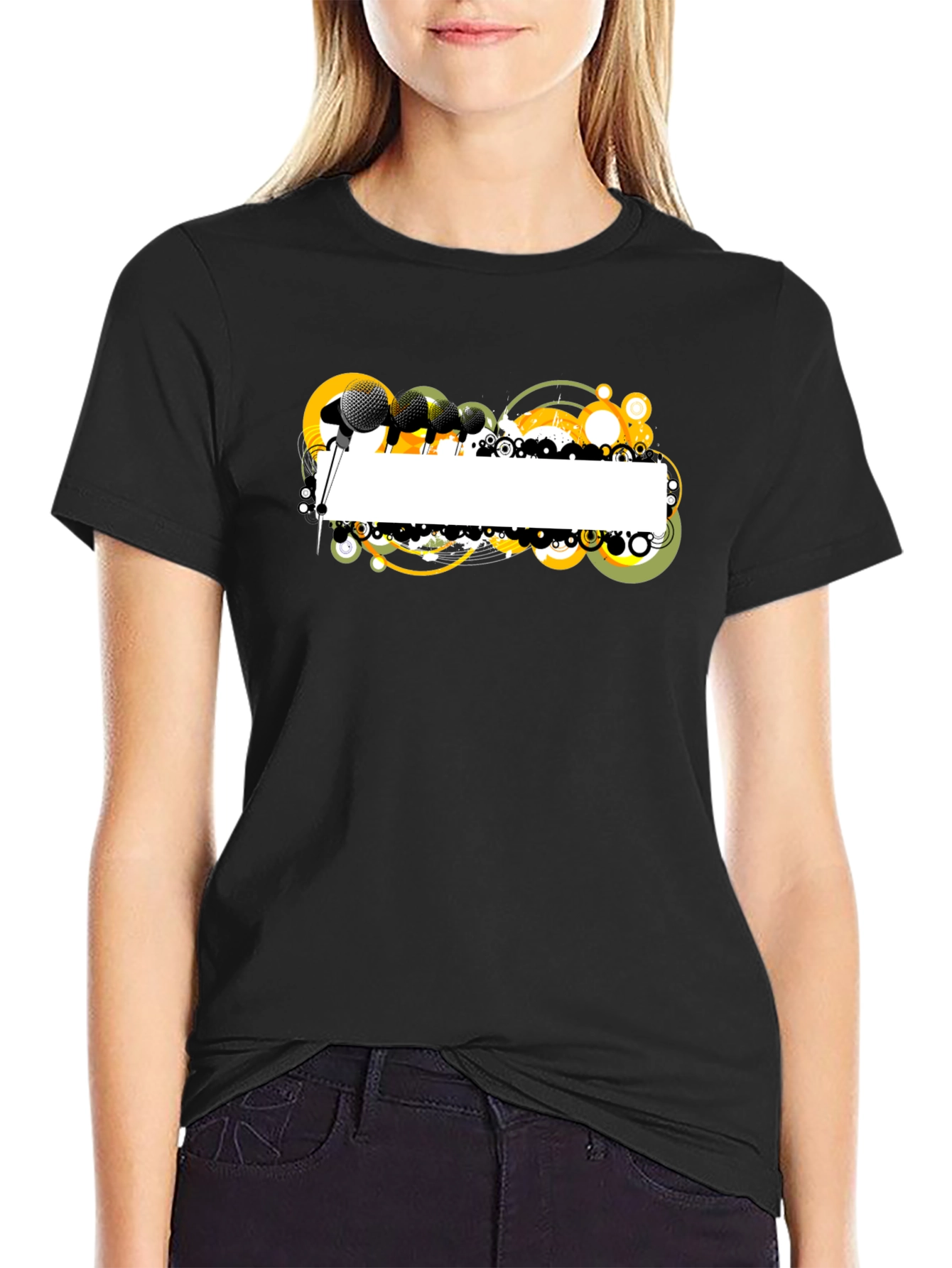 Black Graphic T-Shirt with Microphone Design