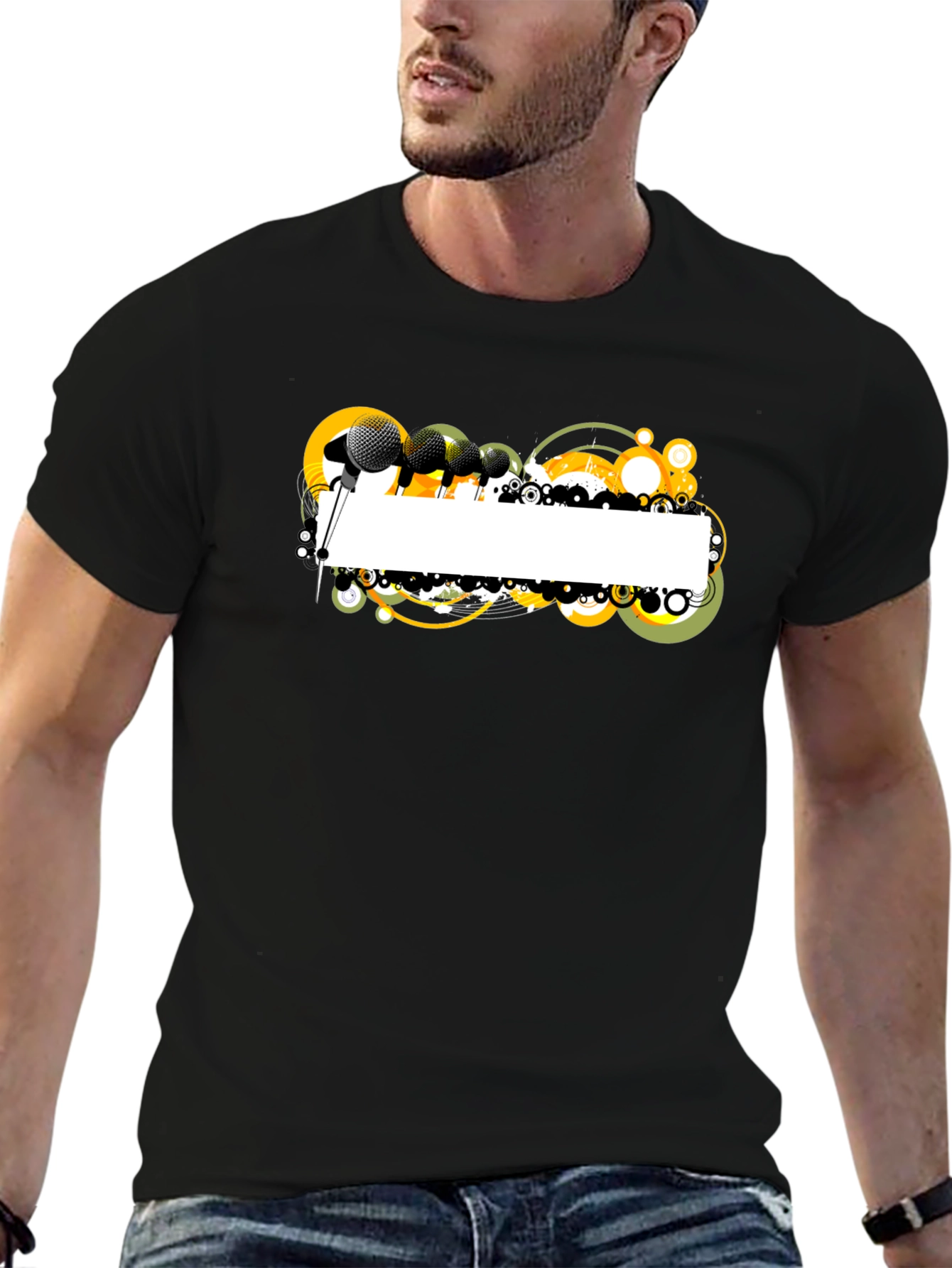 Black Graphic T-Shirt with Microphone Design