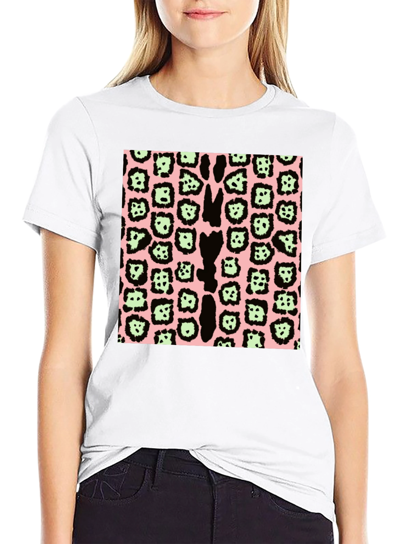 Animal Print T-Shirt - Black Pink & Green