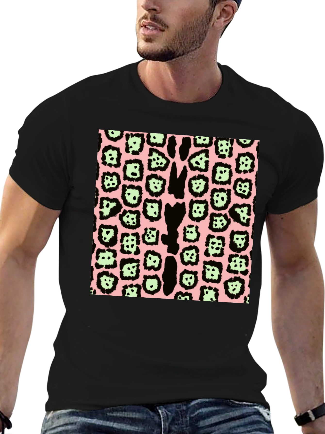 Animal Print T-Shirt - Black Pink & Green