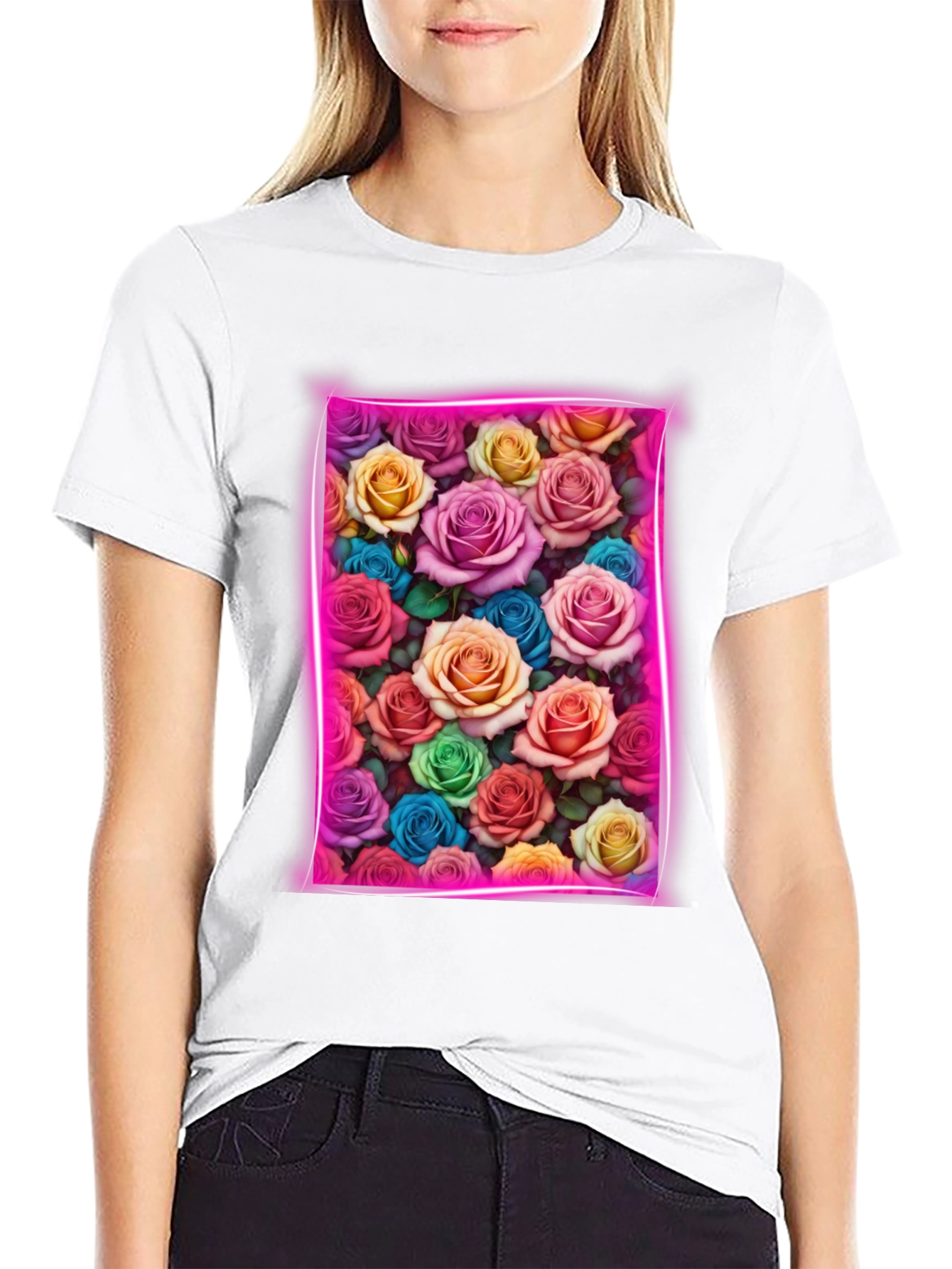 Floral Neon Rose T-Shirt - Trendy Graphic Tee