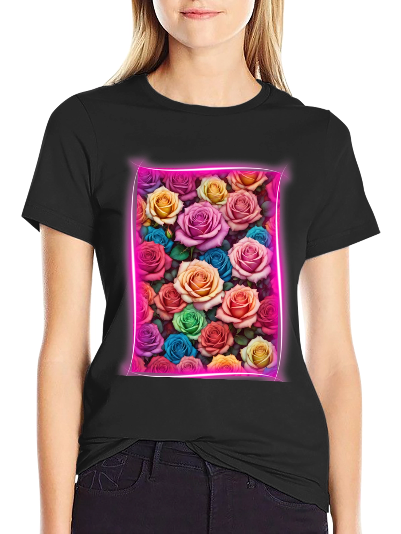 Floral Neon Rose T-Shirt - Trendy Graphic Tee