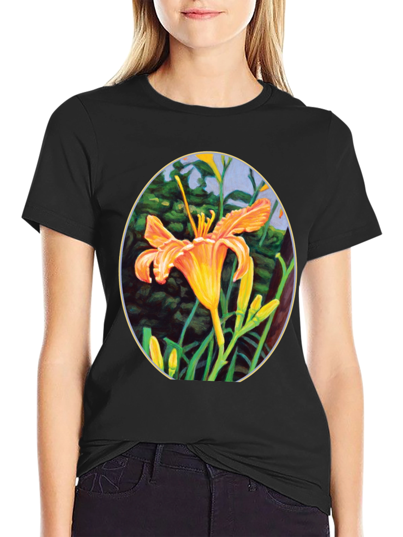 Floral Lily Graphic Tee - Black Crew Neck