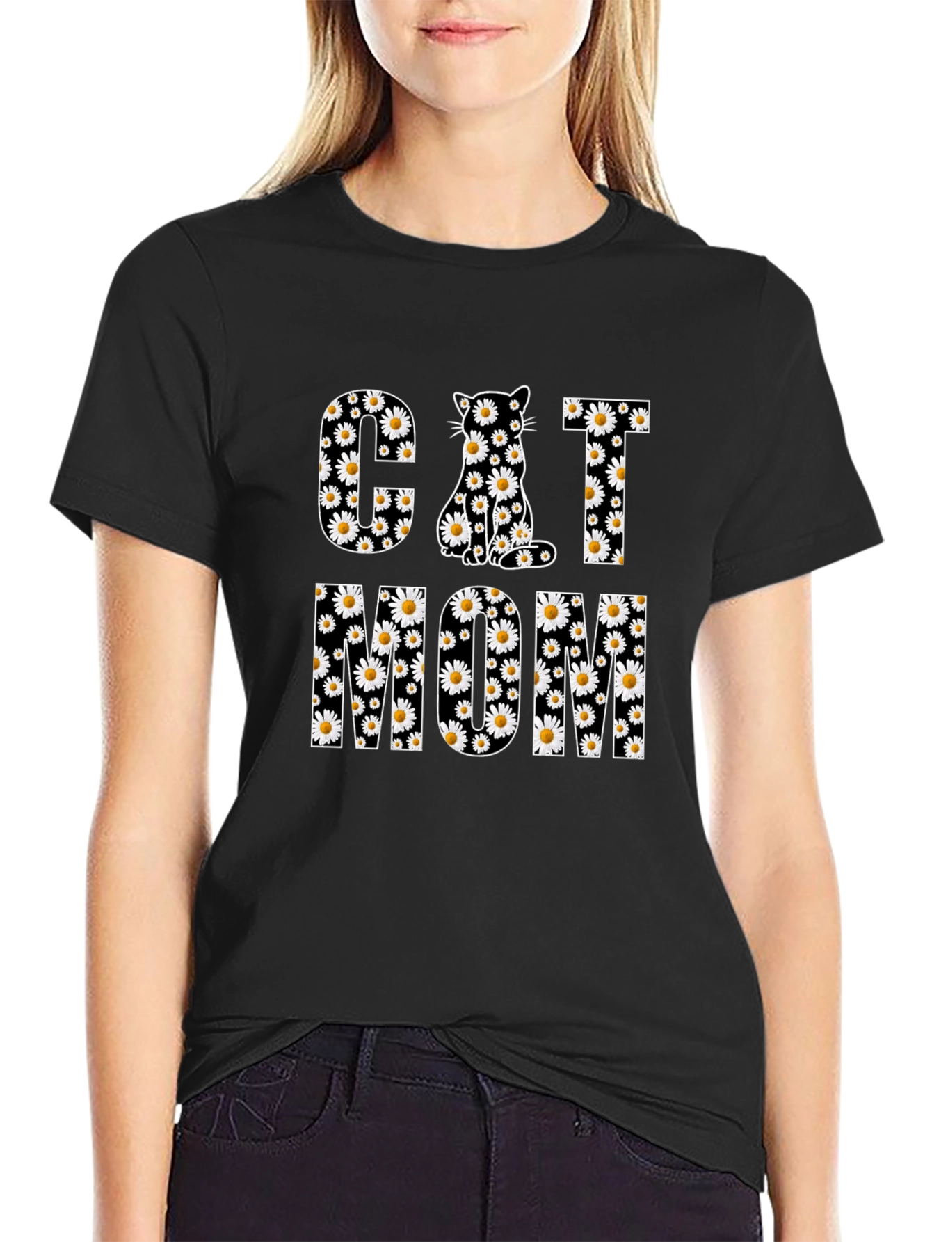 Cat Mom Daisy Print T-Shirt