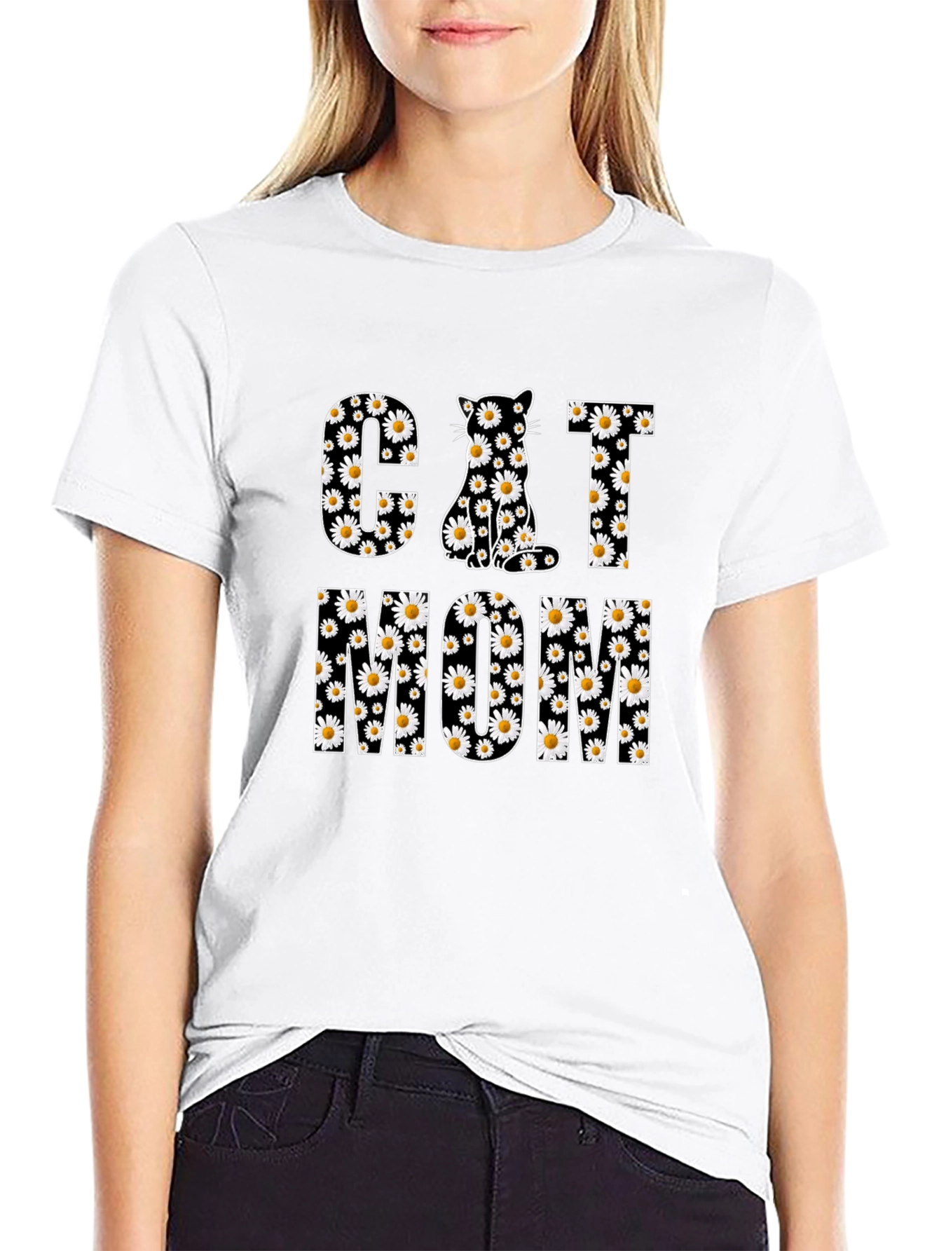 Cat Mom Daisy Print T-Shirt