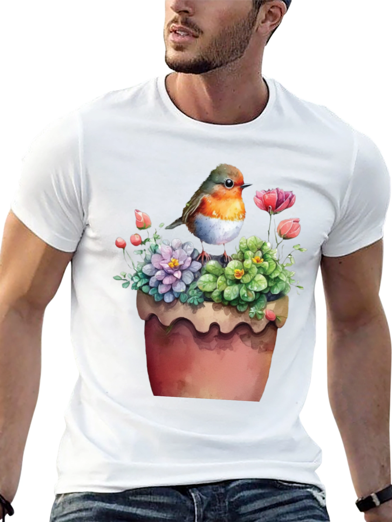 Bird & Flower Pot T-Shirt - Unique Graphic Tee