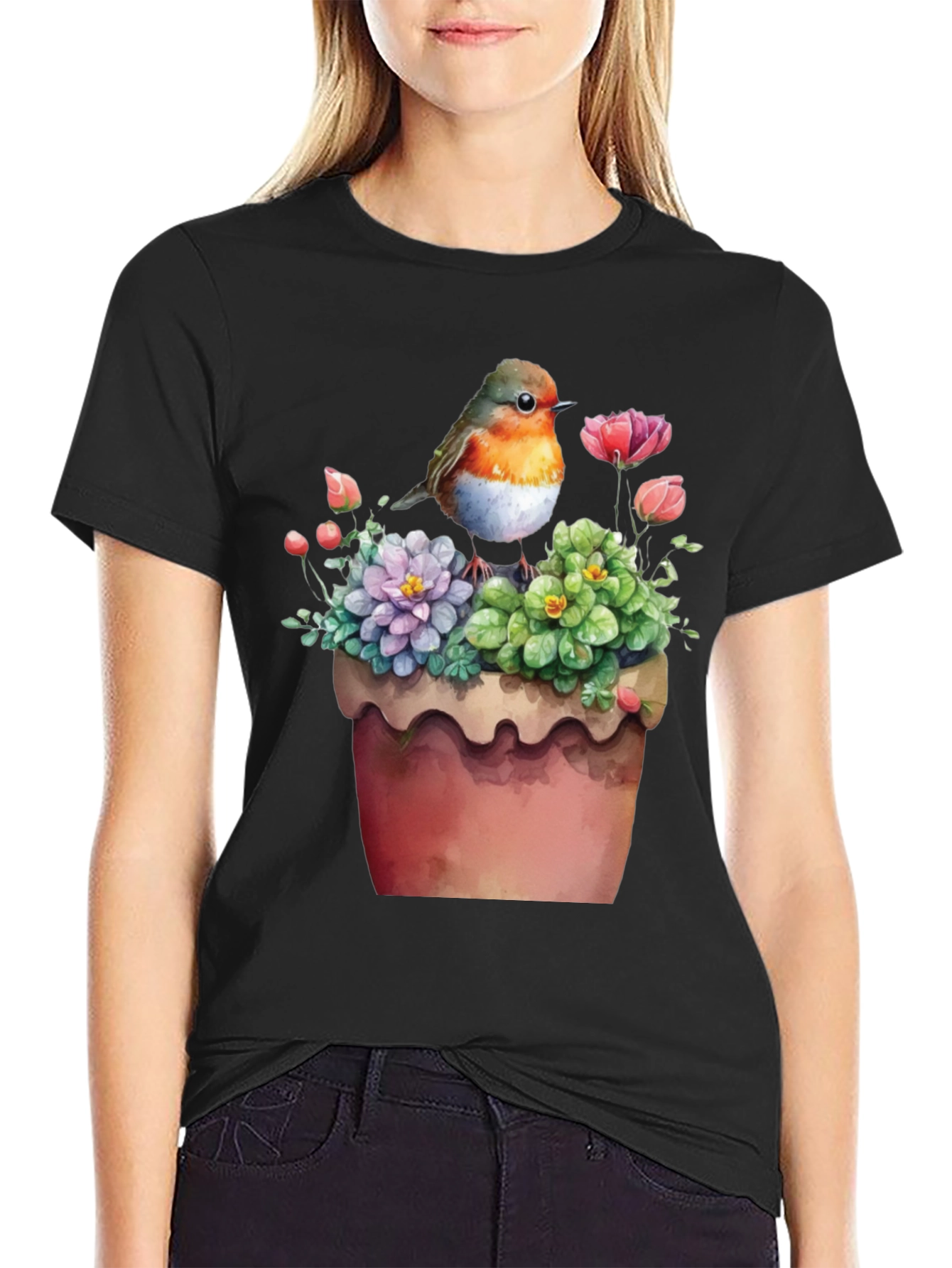 Bird & Flower Pot T-Shirt - Unique Graphic Tee