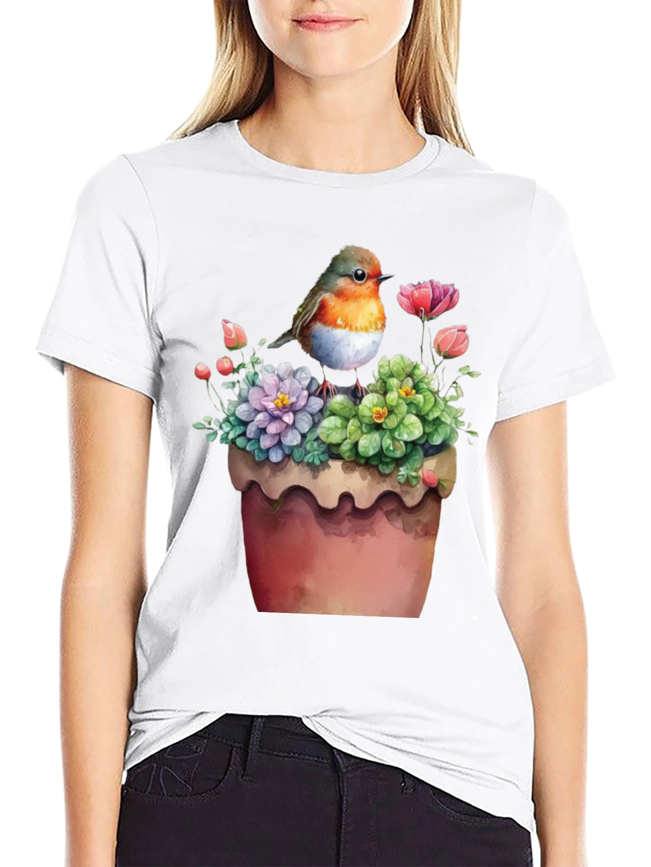 Bird & Flower Pot T-Shirt - Unique Graphic Tee