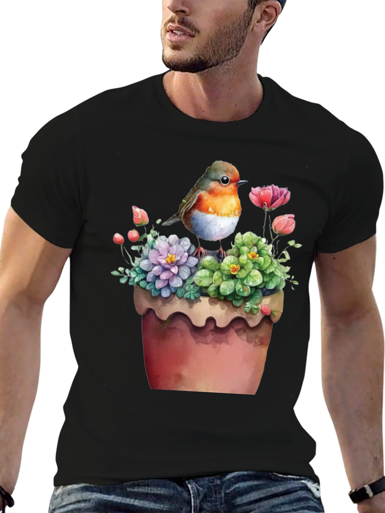 Bird & Flower Pot T-Shirt - Unique Graphic Tee