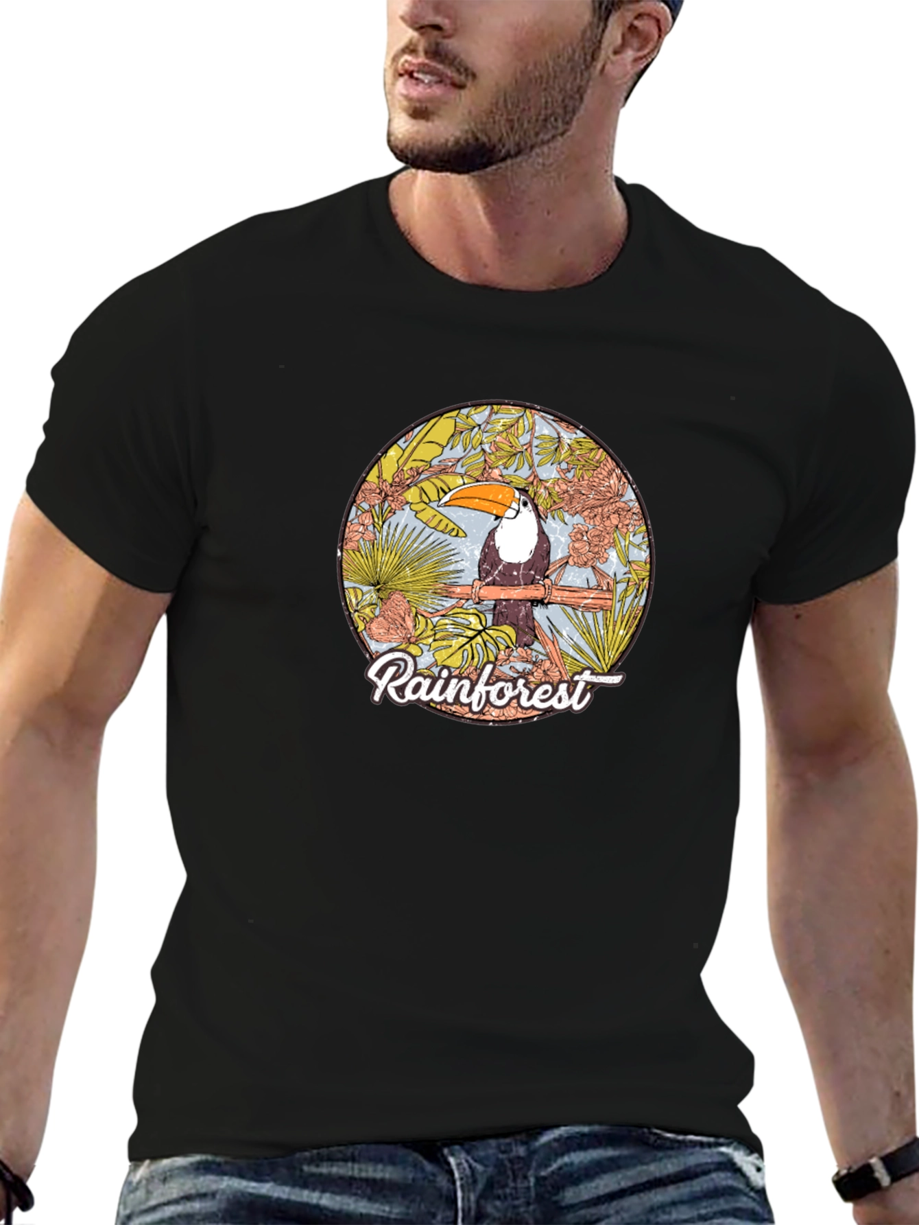 Rainforest Toucan Graphic Tee - Black Cotton T-Shirt