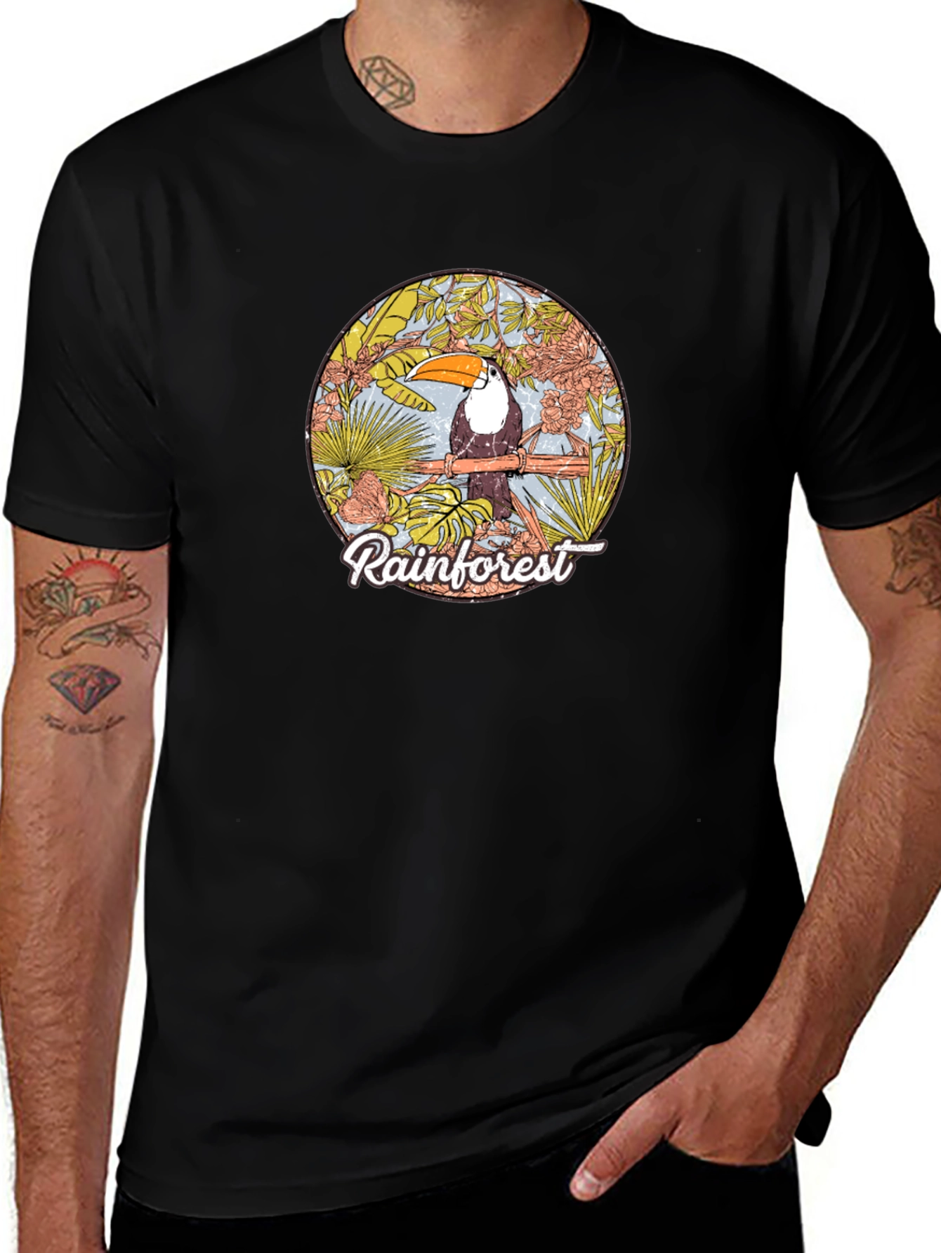 Rainforest Toucan Graphic Tee - Black Cotton T-Shirt