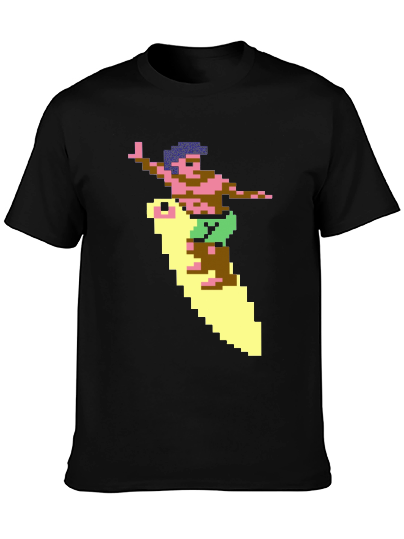 Retro Surfer Pixel Art Black T-Shirt