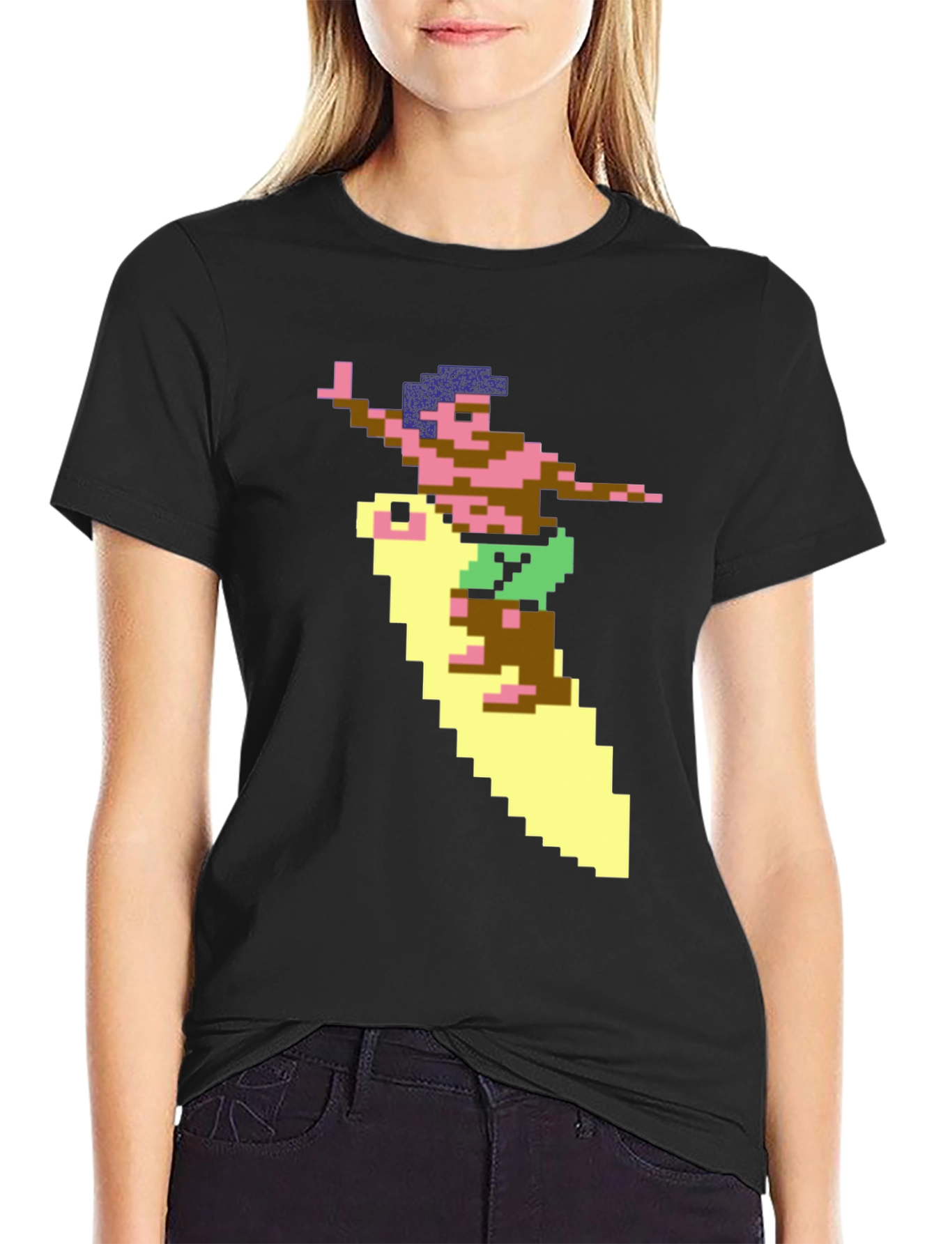Retro Surfer Pixel Art Black T-Shirt