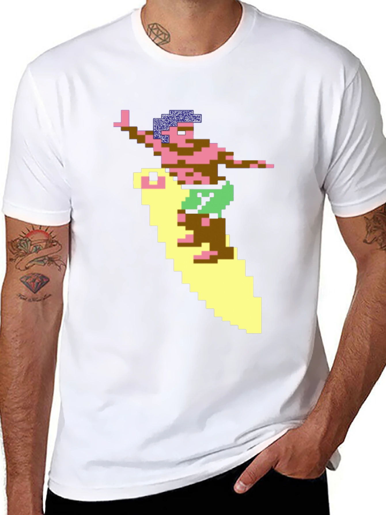 Retro Surfer Pixel Art Black T-Shirt