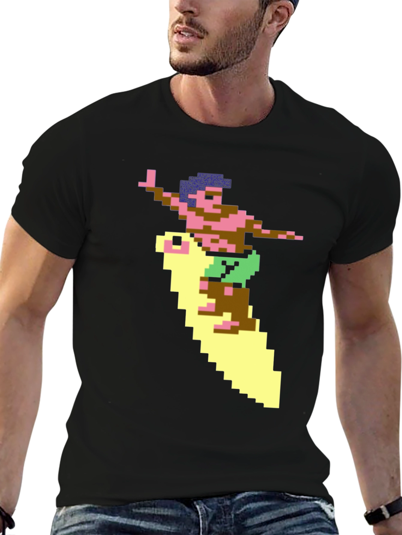 Retro Surfer Pixel Art Black T-Shirt