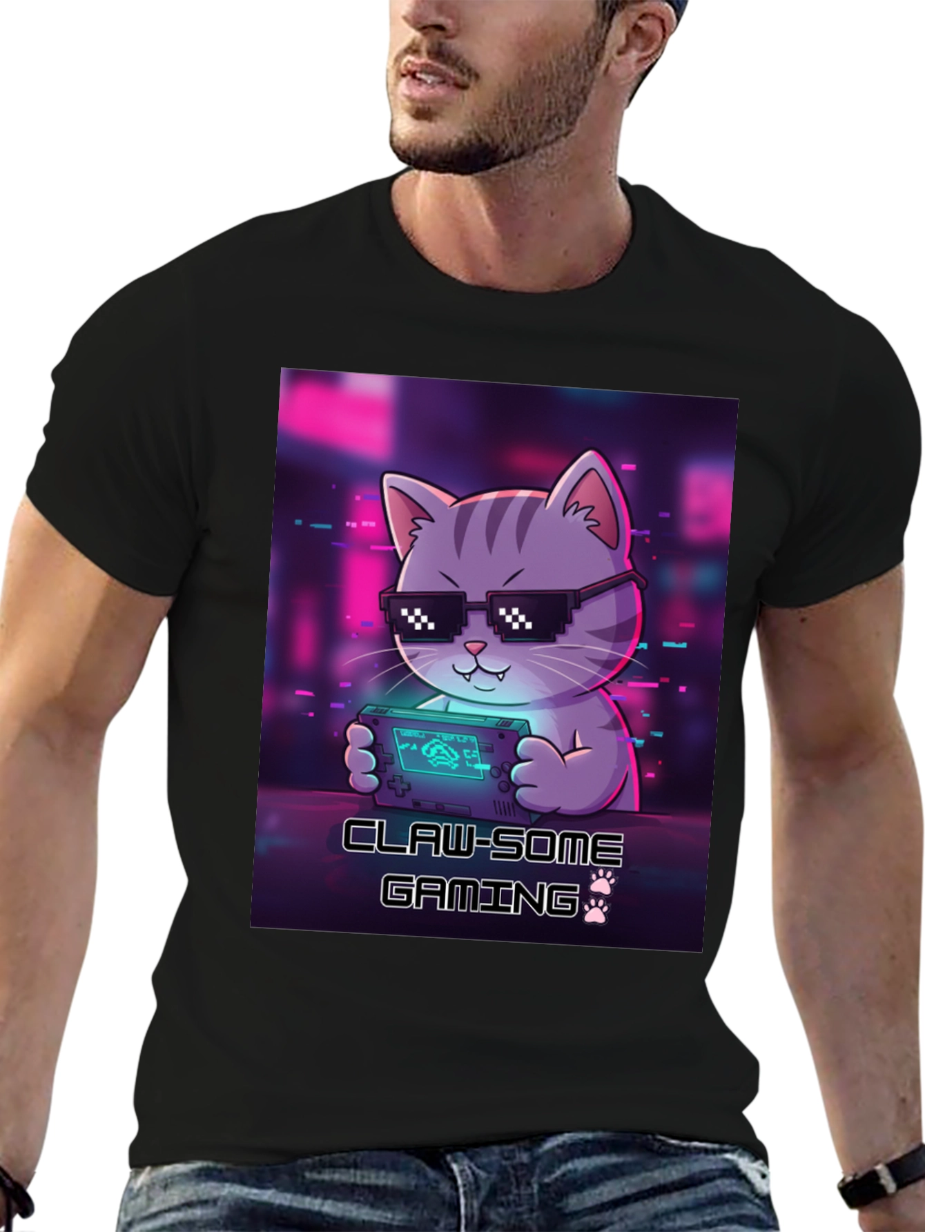 Claw-some Gaming Cat Graphic T-Shirt