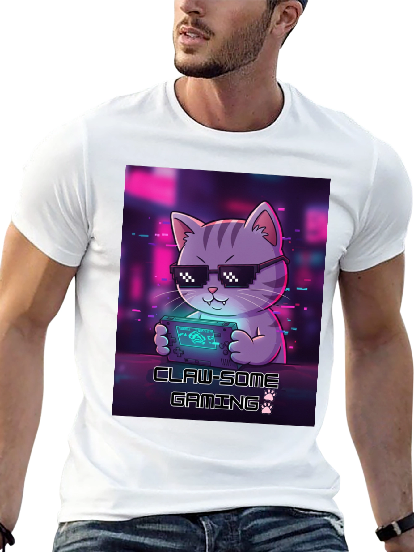 Claw-some Gaming Cat Graphic T-Shirt