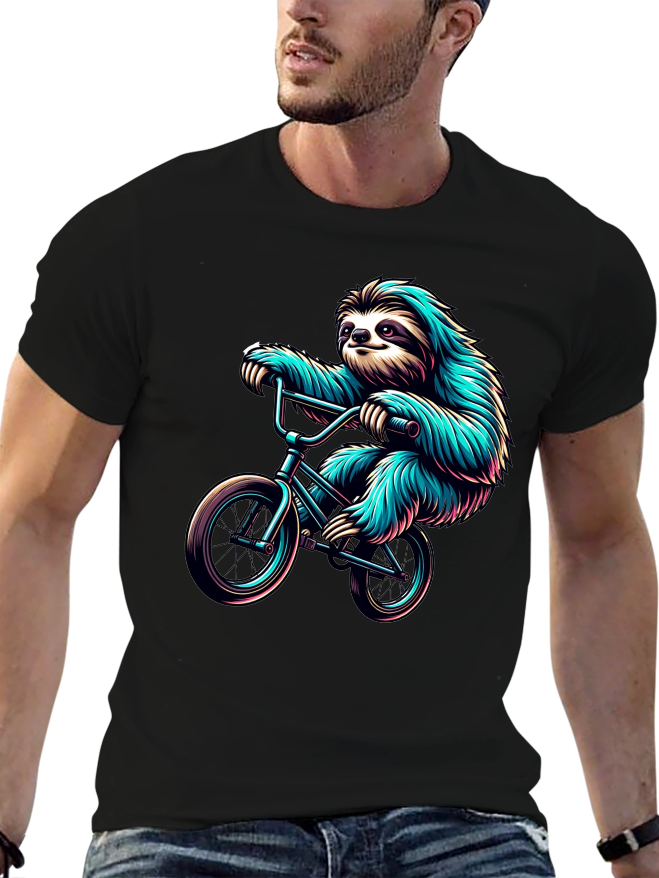 Sloth on Bike Graphic Tee - Cool Black T-Shirt