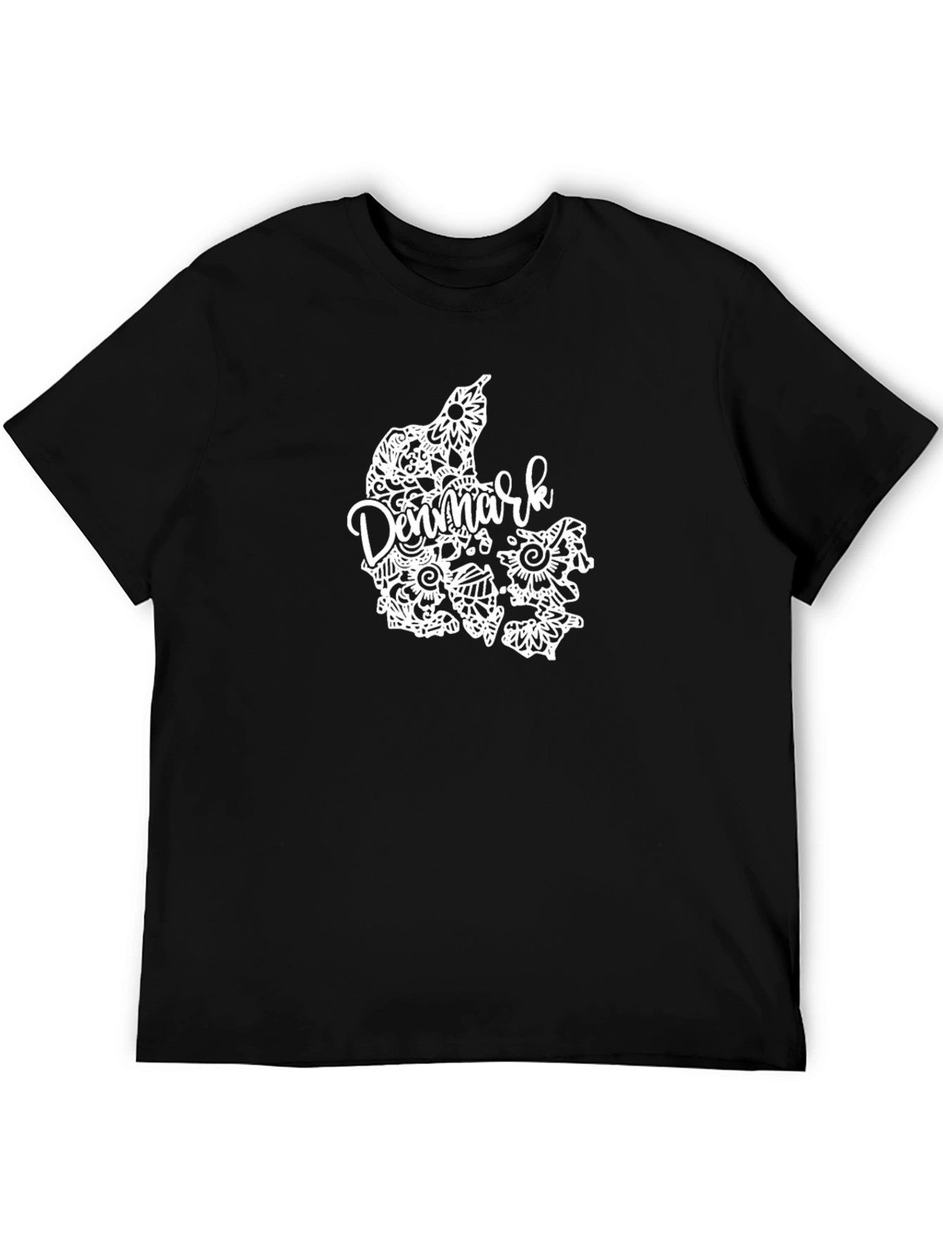 Denmark Map Floral Design Black T-Shirt