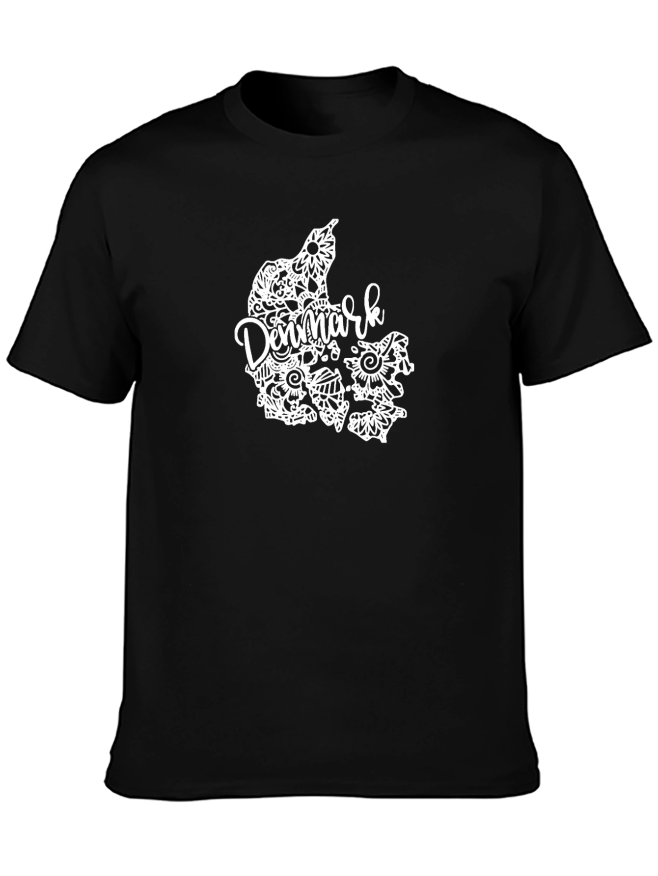 Denmark Map Floral Design Black T-Shirt